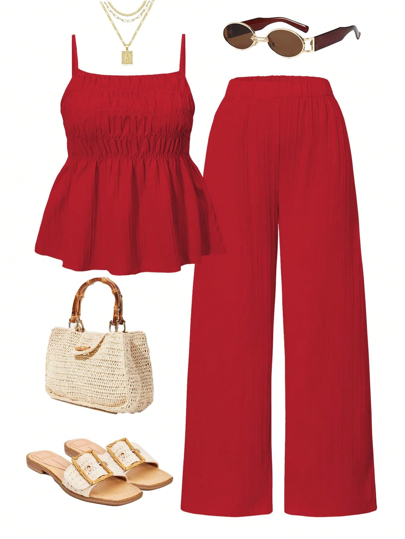 2pcs/Set Teen GirlCasual Camisole Top And Wide Leg Pants Set, Woven Fabric, Elastic Waist, Summer