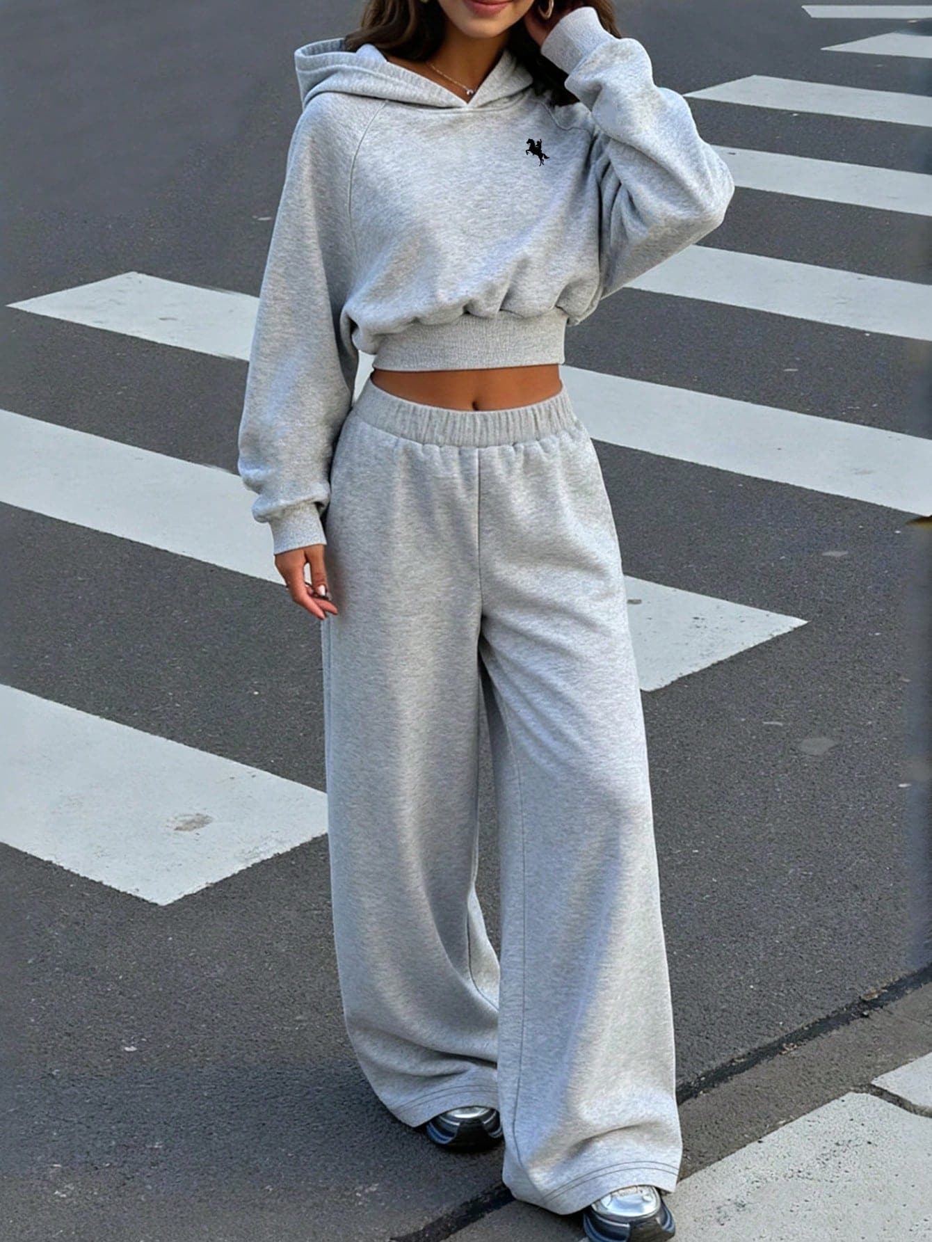 Sparklyn 2pcs Girls Casual Cropped Hoodie And Wide Leg Pants Set, Fashionable Outfit For Teens, Grey, Warm, Versatile For Fall/Winter