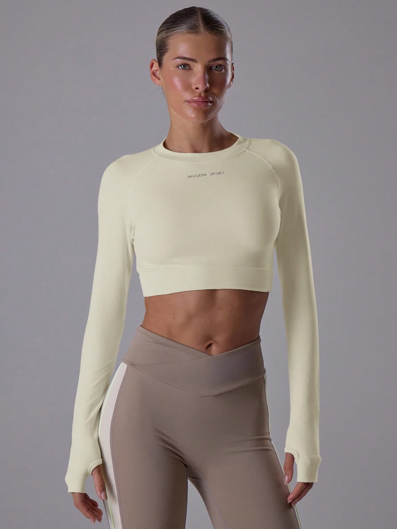 Musera Sport Slogan 'Sport' Cropped Fitted Long Sleeve Top Padel, Tennis, Pickleball Yoga Pilates Fitness Daily Casual