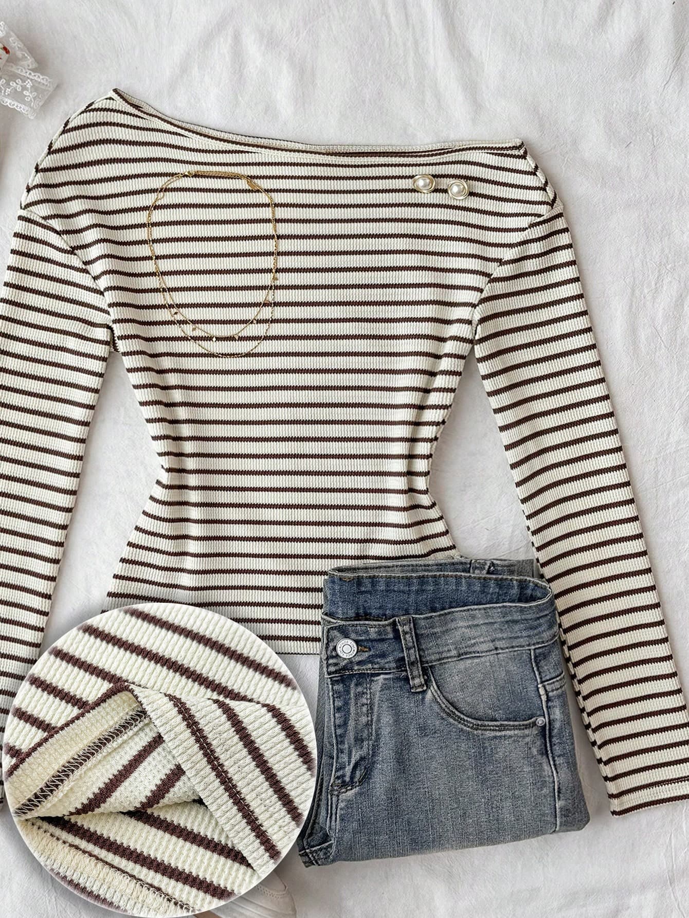 SHEIN Teen Girls' Colorblock Asymmetrical Shoulder Long Sleeve T-Shirt,Beige Striped Casual Blouse,Autumn Holiday,Back-To-School Outdoor Shoulder-Revealing