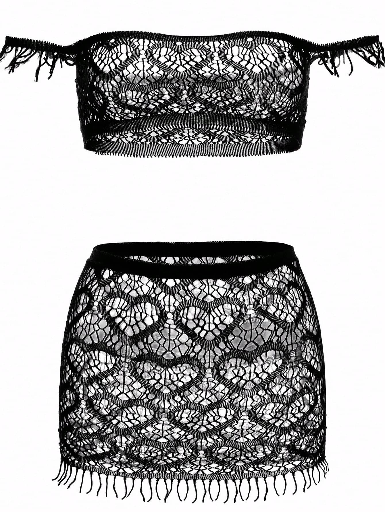 ChaseTheNight 2pcs/Set Red Sexy Off-Shoulder Crop Top And Mini Skirt Set, Heart Pattern, Suitable For Holidays, Parties, Couples