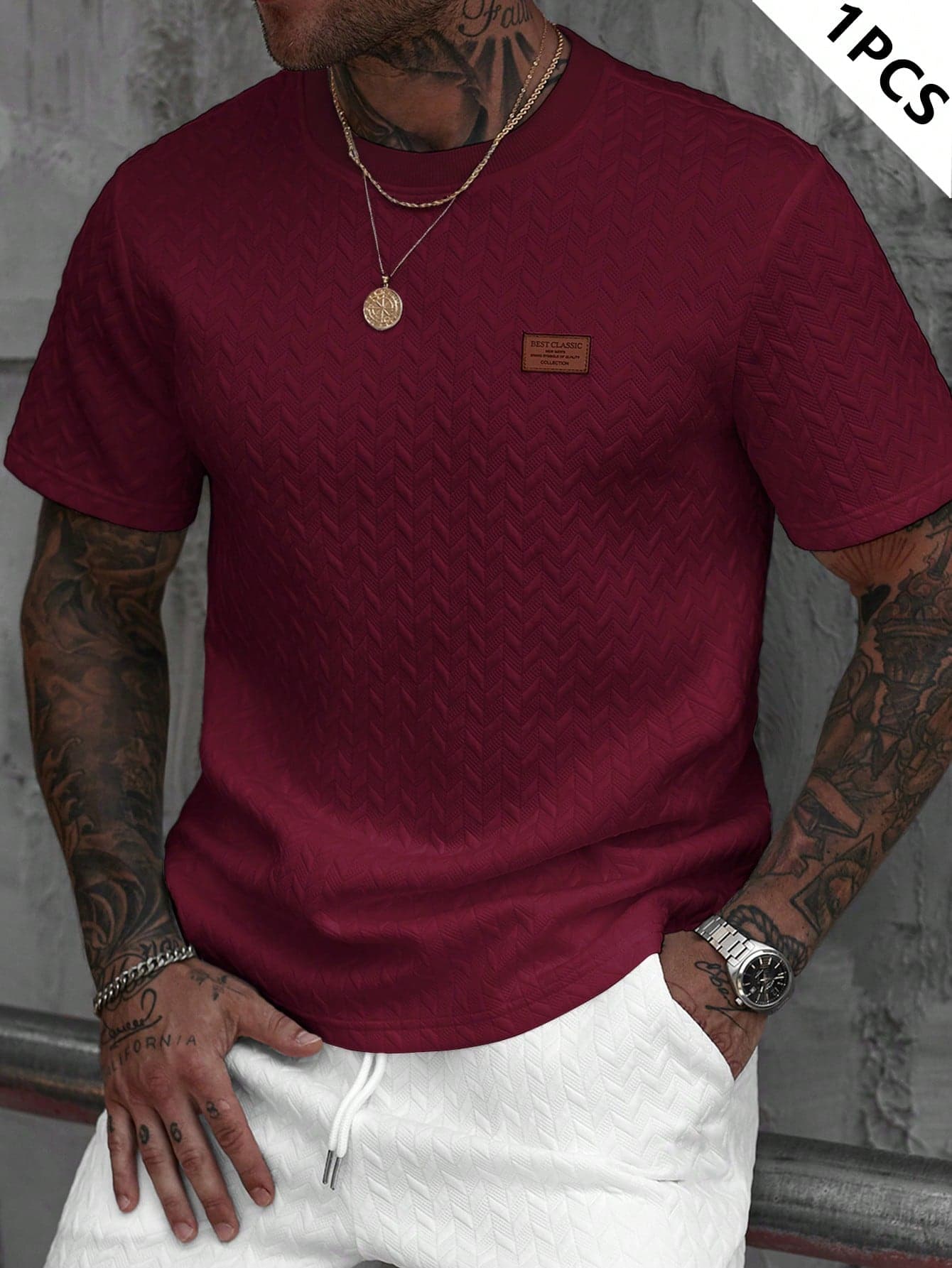 Manfinity CasualCool Men's Summer Jacquard Ribbed Collar Short Sleeve T-Shirt,Burgundy Casual Streetwear Tee For City Break,Fashionable Versatile Pattern Tshirt Clothes