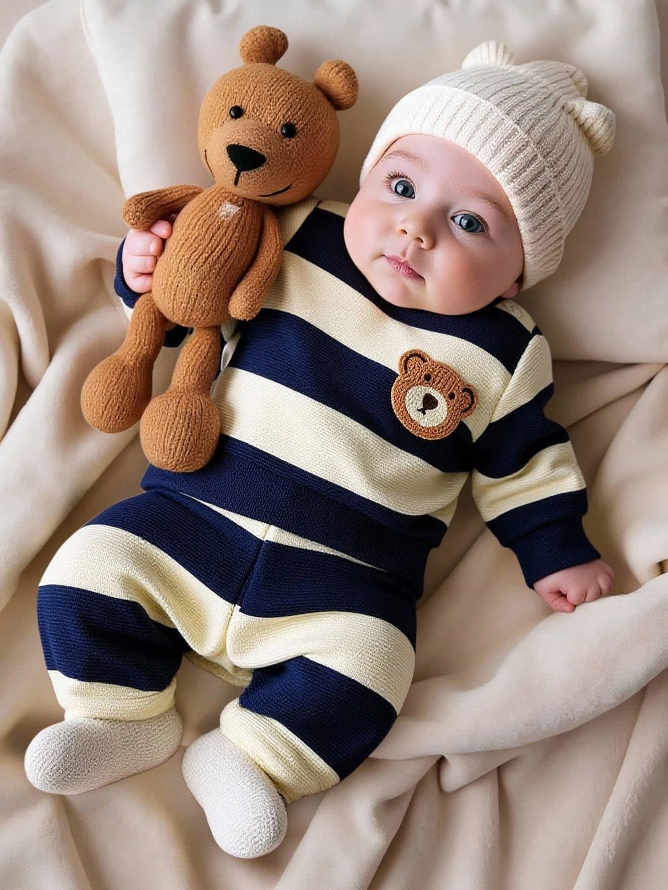 SHEIN Newborn Male Baby Navy Black And White Striped Long Sleeved Teddy Bear Pattern Top Pants Set Cute Autumn Holiday Fashionable Casual Simple Outfit