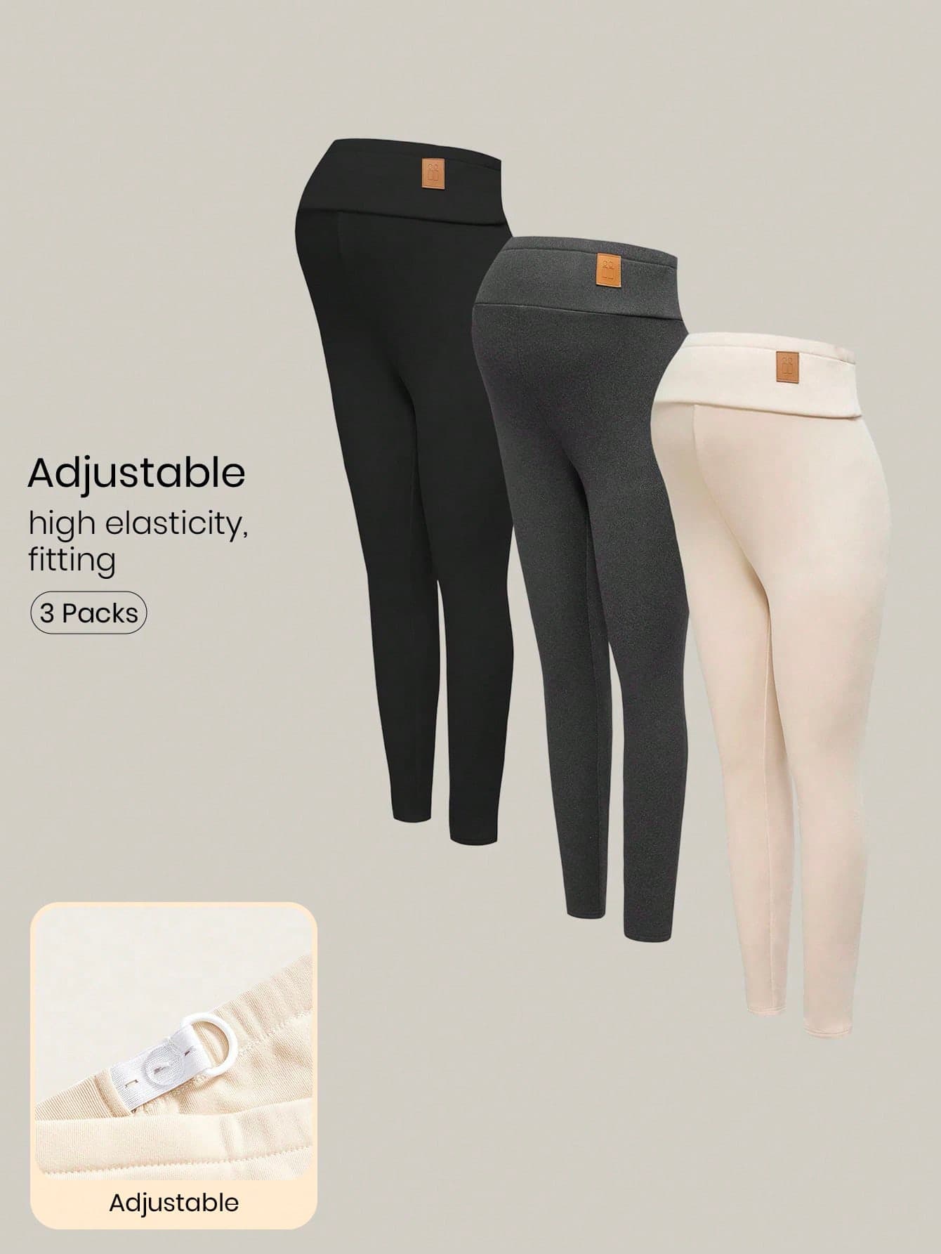 Modmama Three-Pack Maternity Leggings For Pregnant Women,Autumn Winter Thermal Lined Letter Embroidered Warm Casual Versatile Pregnancy Gym Leggings