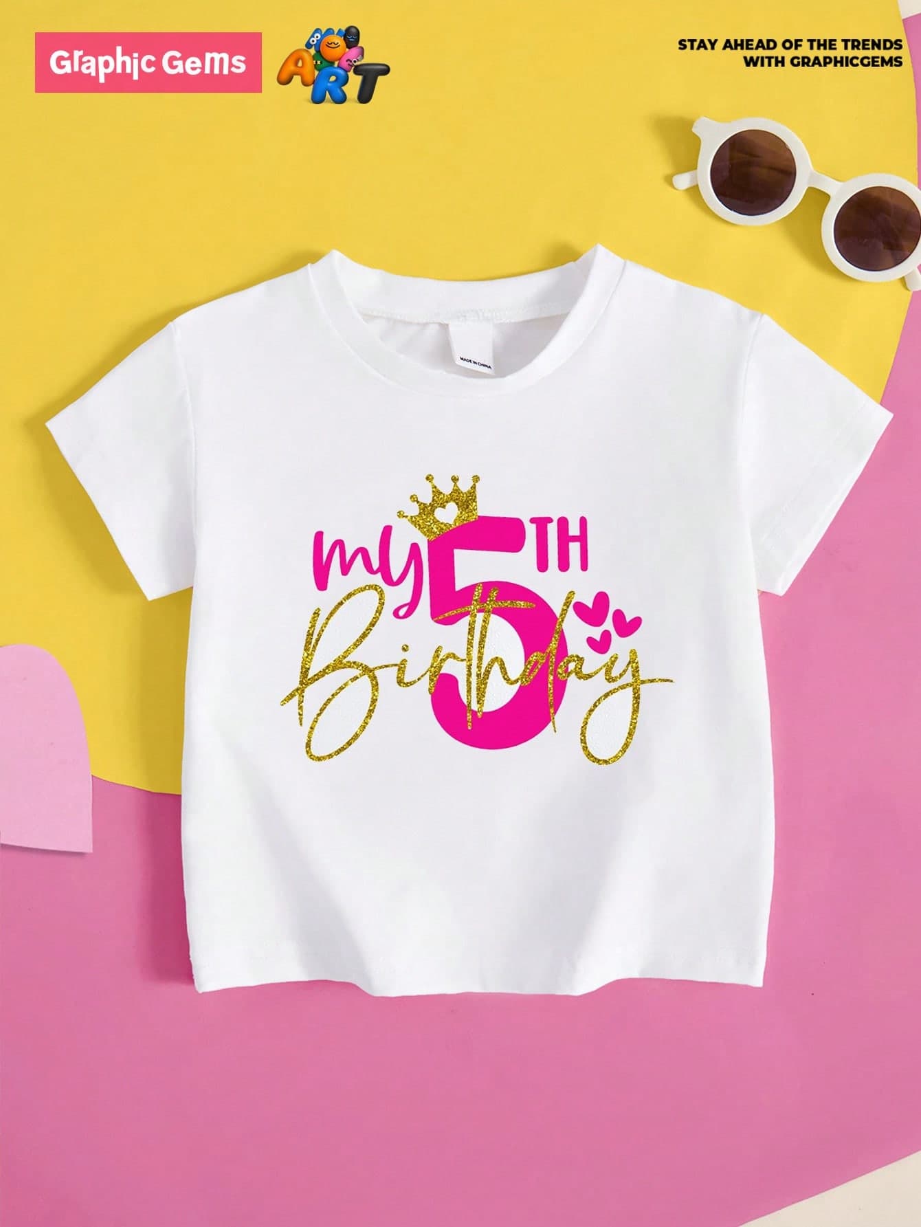 Young Girl 'My 5th Birthday' Crown Printed Round Neck Short Sleeve White T-Shirt, Suitable For Birthday Party