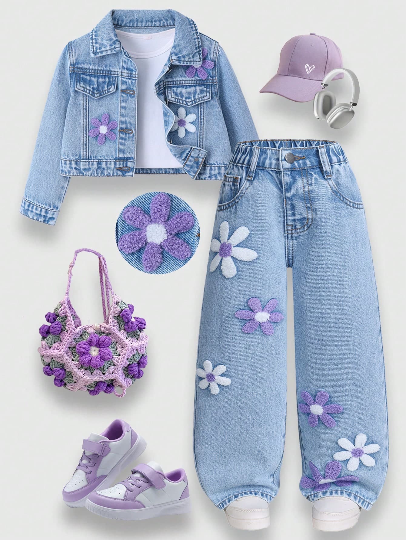 SHEIN ChillGRL 2pcs Girls Denim Outfit - Floral Embroidered Denim Jacket + Wide Leg Jeans, Fashionable Casual Set For Young Girl, Ideal Gift And Outdoor Wear