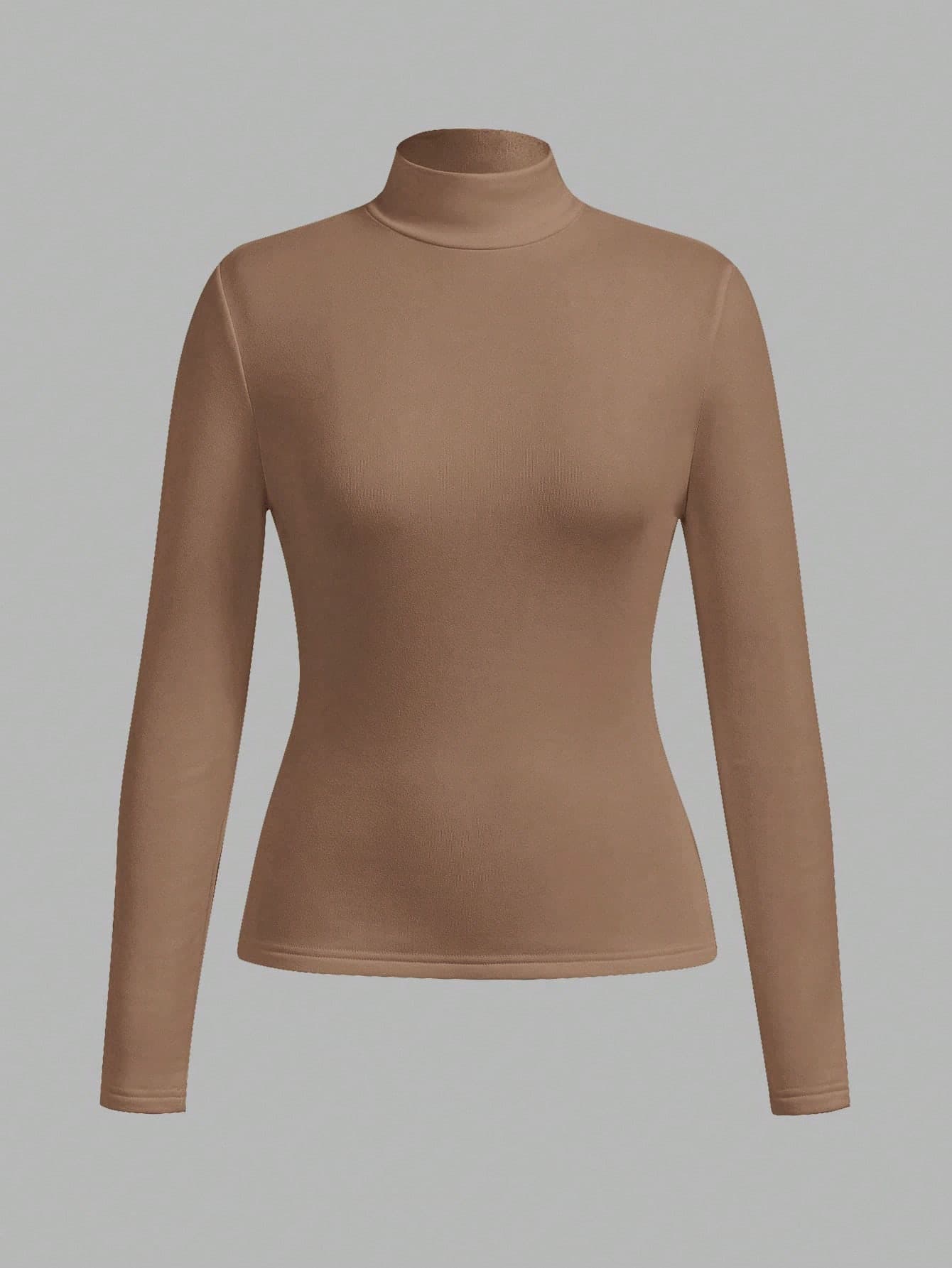 SHEIN BASICS Women's Coffee Brown Turtleneck Slim Long Sleeve Top,Chic Everyday Autumn Winter Thermal Lined Warm Fabric,Basic Solid Color Casual Versatile Top