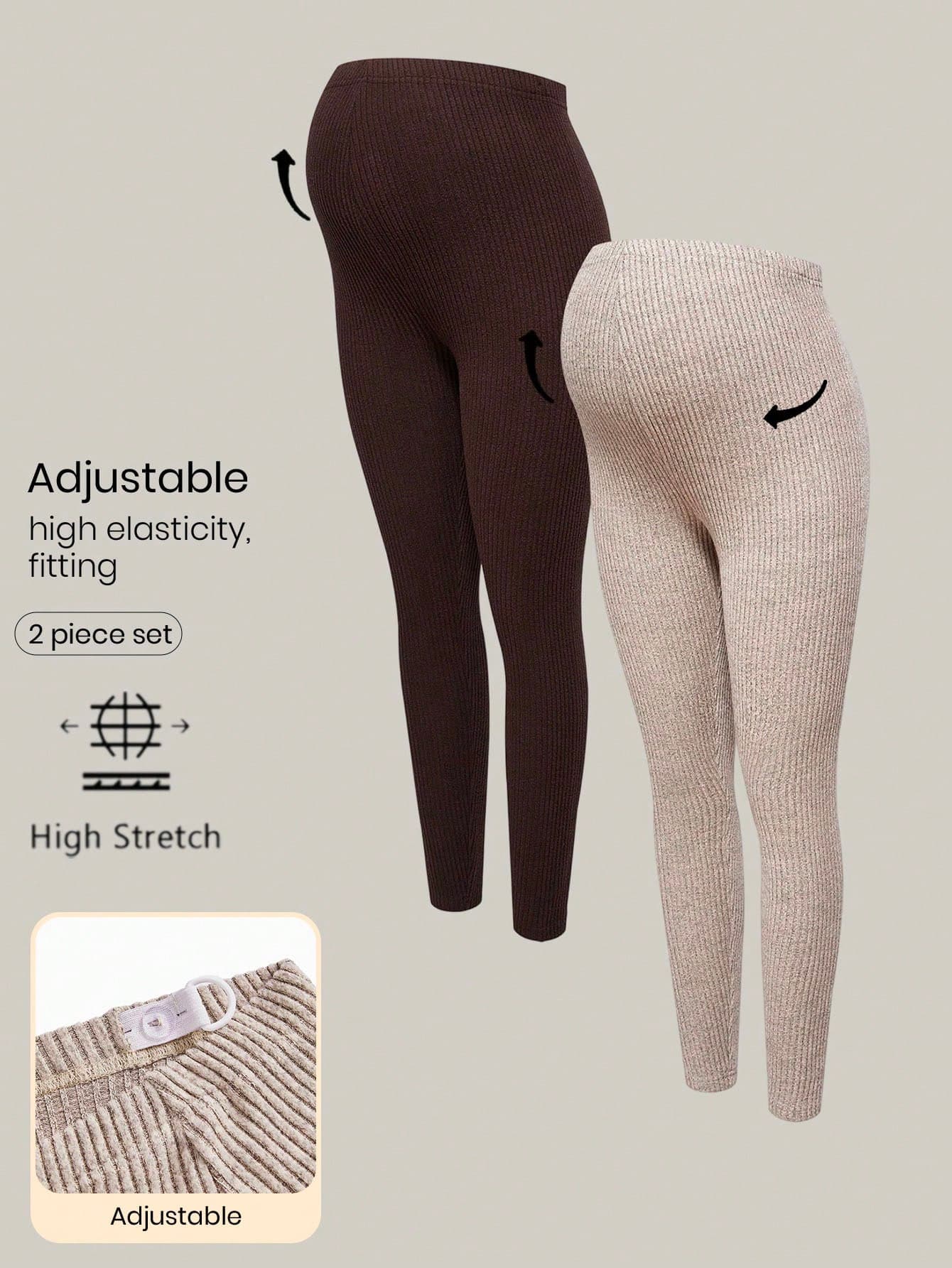 Modmama 2pcs Brown Maternity Ribbed Adjustable Waist Leggings,Summer Casual Autumn Winter Pregnancy Pants Comfortable High Stretch Tights For Coming Home