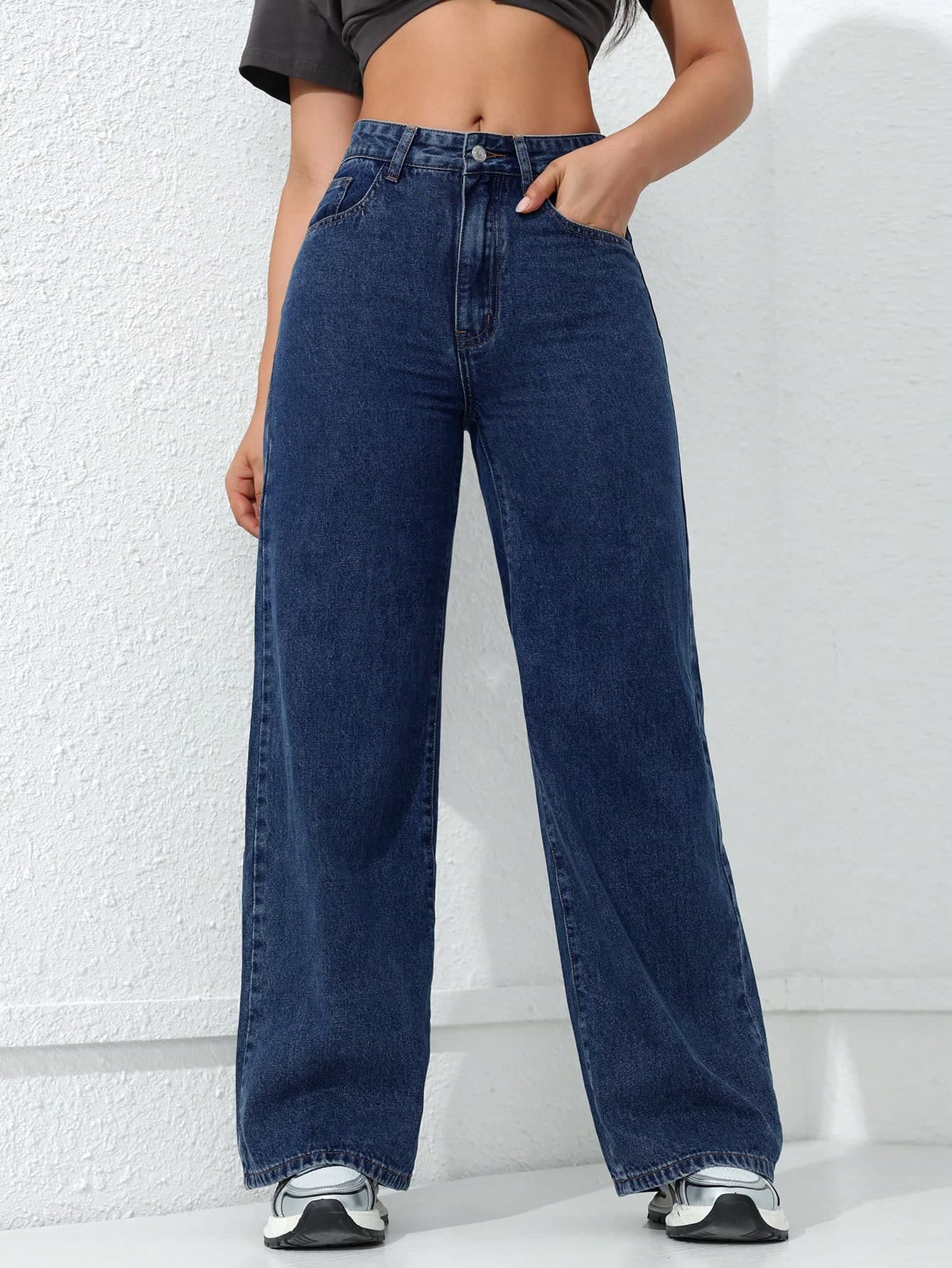 SHEIN ICON Women's High Waist Pockets Casual Versatile Wide Leg Jeans