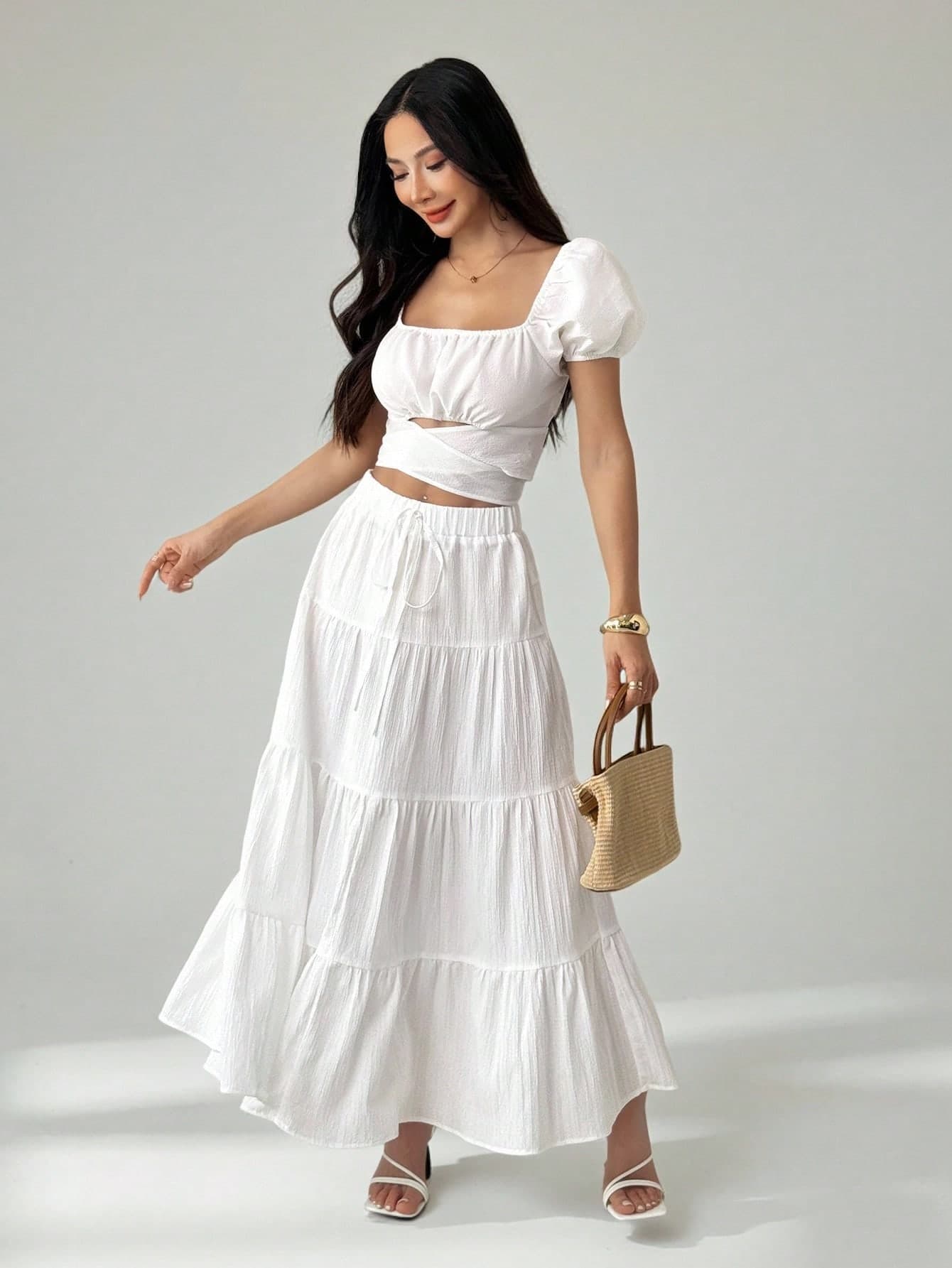 SHEIN PETITE Women's Multi-Layer Cake Skirt,Elegant Linen White Summer Skirt,Boho Picnic Vacation Holiday Versatile Casual Skirt For Dates Brunch,Spring & Summer ,Petite Women
