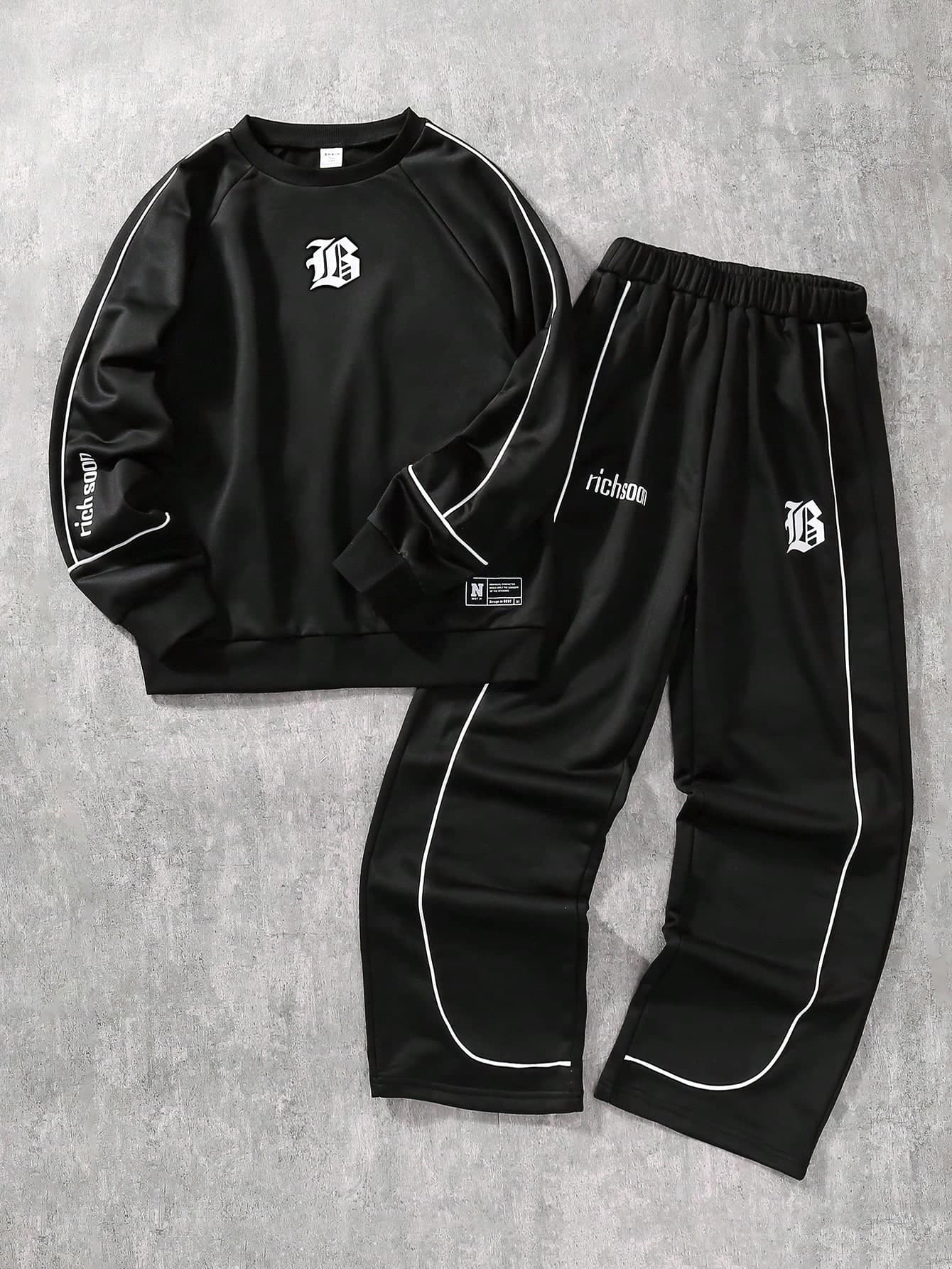 SHEIN Coolqubz 2pcs/Set Casual Streetwear Outfit For Teenage Boys, Loose Fit Letter Print Hoodie And Straight Leg Pants With Contrast Stripe Design Fall Winter