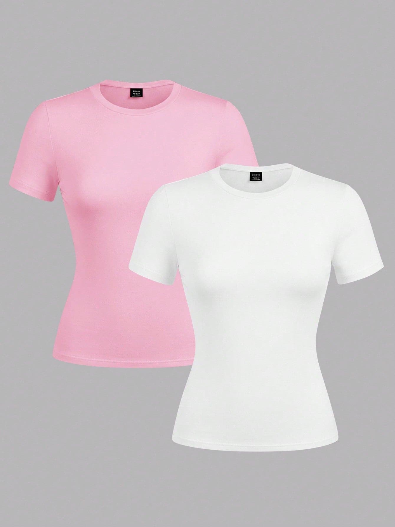 SHEIN EZwear 2pcs/Set Women's Casual Minimalist Round Neck Short Sleeve Undershirt,Pink And White,Summer Everyday Basic Plain Tees,Spring/Summer Basics Tops