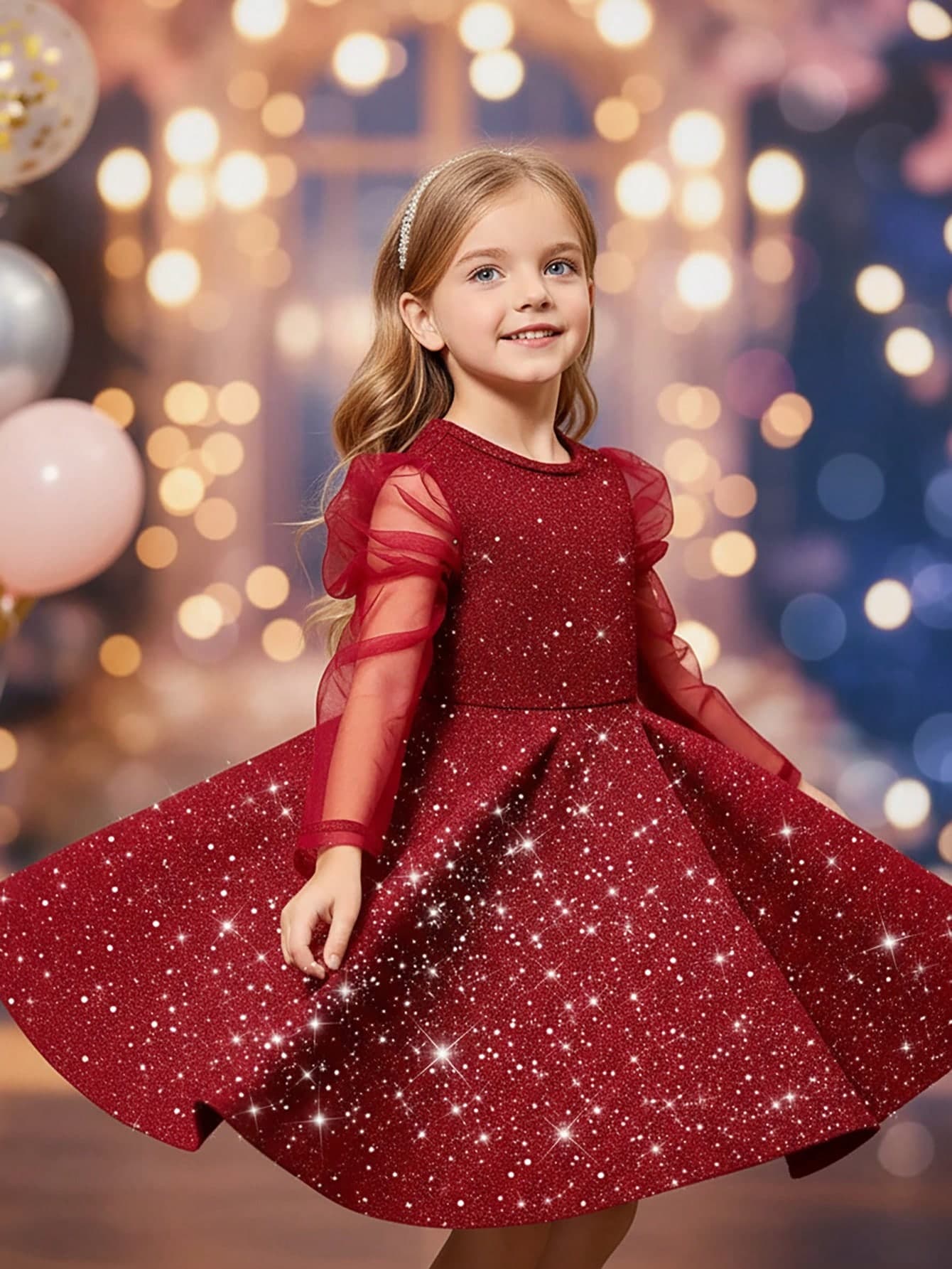 SHEIN Elegant&Cute Red Mesh Patchwork Sequin Long Sleeve Dress For Young Girls,Christmas Sparkly Girl Burgundy Party Winter Holiday