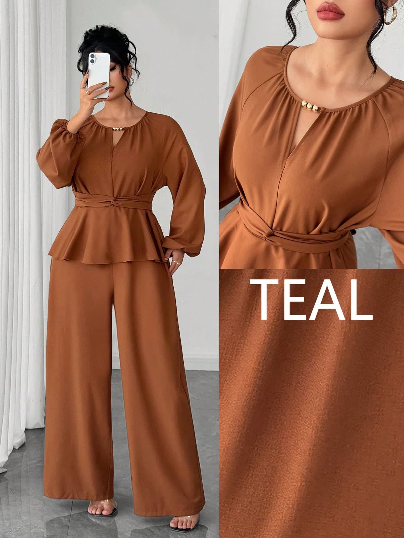 Elenzga Plus Size Women's Elegant Brown Autumn Jumpsuit, Metal Beaded Waist Button & Bow Design, Fashion Commuter 2 In 1 Style, Suitable For Prom & Wedding