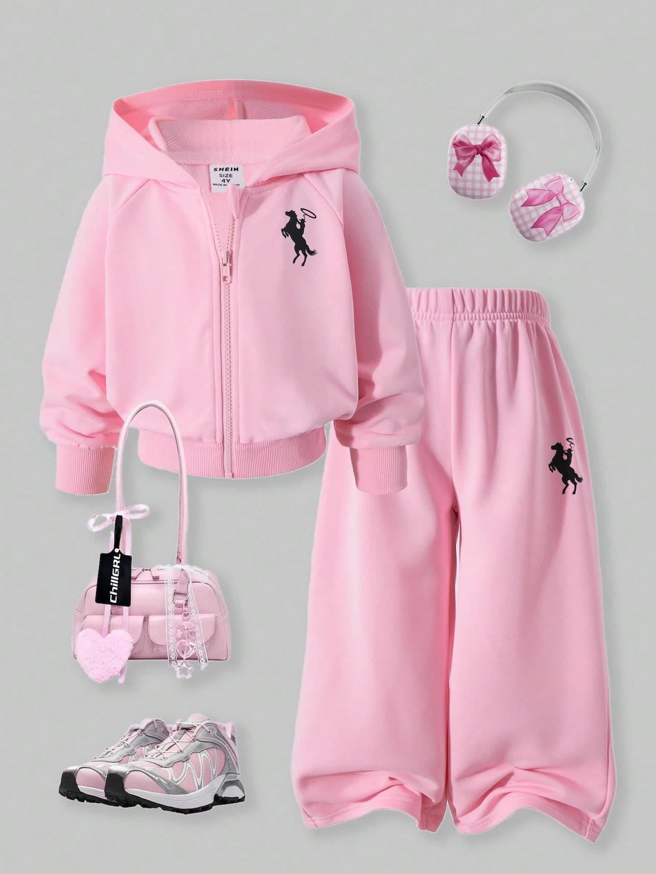SHEIN ChillGRL 2pcs Young Girls Casual Thick Knit Hoodie Jacket And Loose Wide Leg Pants Set,Horse Riding Graphic Print,Light Pink,Summer,School Leisure Sports Wear