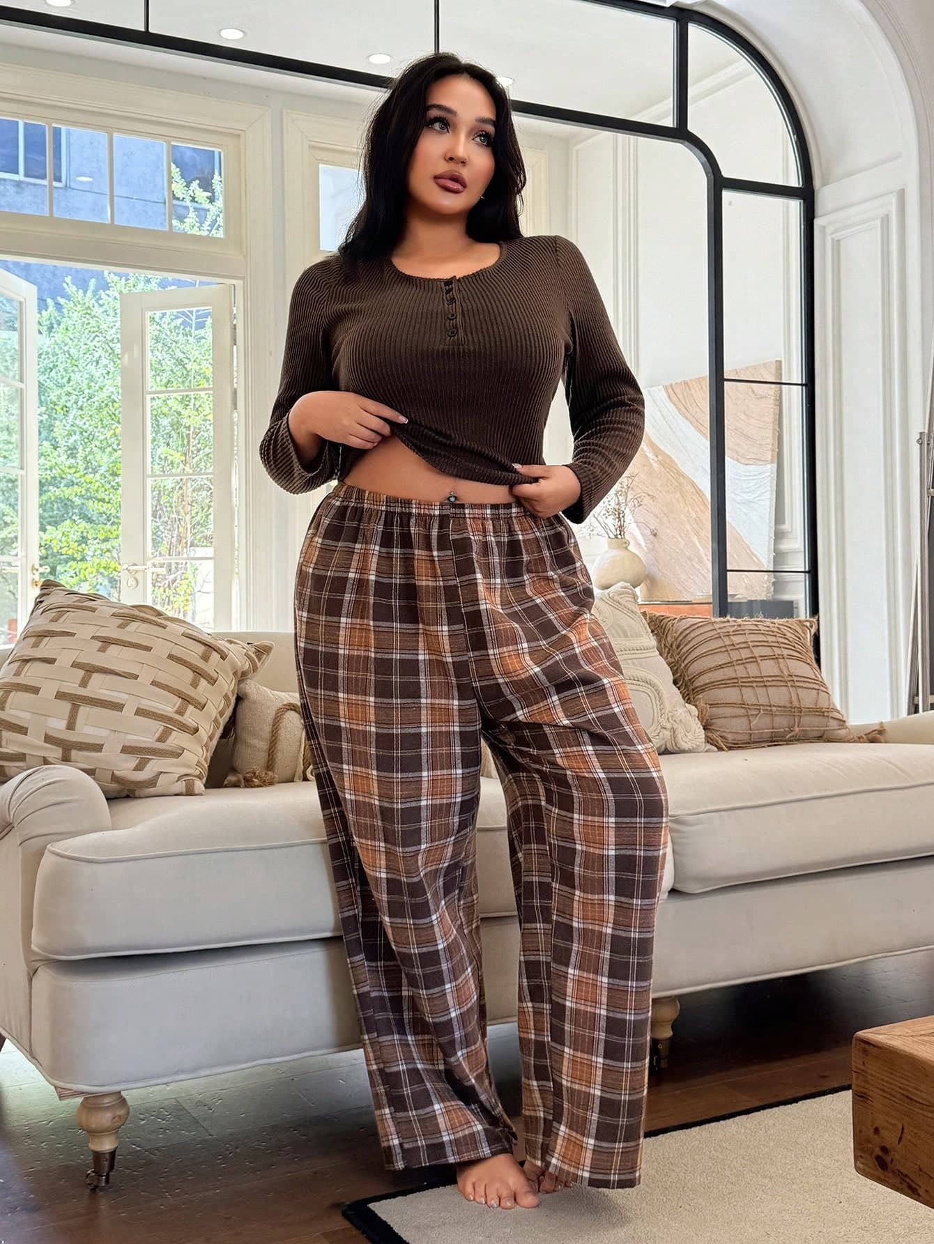 SHEIN Plus Size Casual Sexy Solid Color Button Long Sleeve Top & Plaid Pants PJS Curve Two Piece Set Plus Size Lounge Set Plus Size 2 Piece Set Brown Pj Set