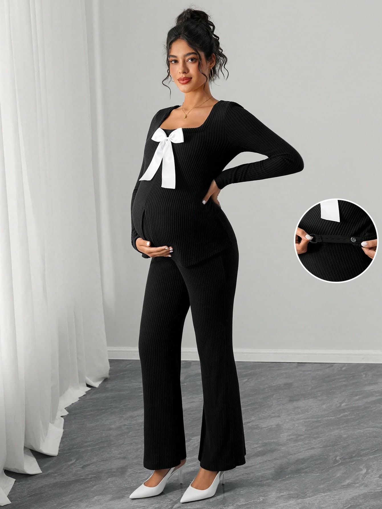 Momance 2pcs Maternity Elegant Commuter Outfit - Bow Decor Split Hem T-Shirt And Flare Pants Set
