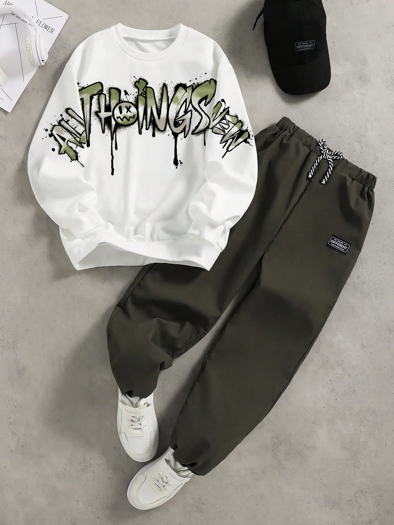 SHEIN Coolqubz 2pcs/Set Teen Boys White Summer Streetwear,Graphic Print Hoodie & Olive Green Pants,Soft Comfortable Graduation Back-To-School Fashion Casual Outfit
