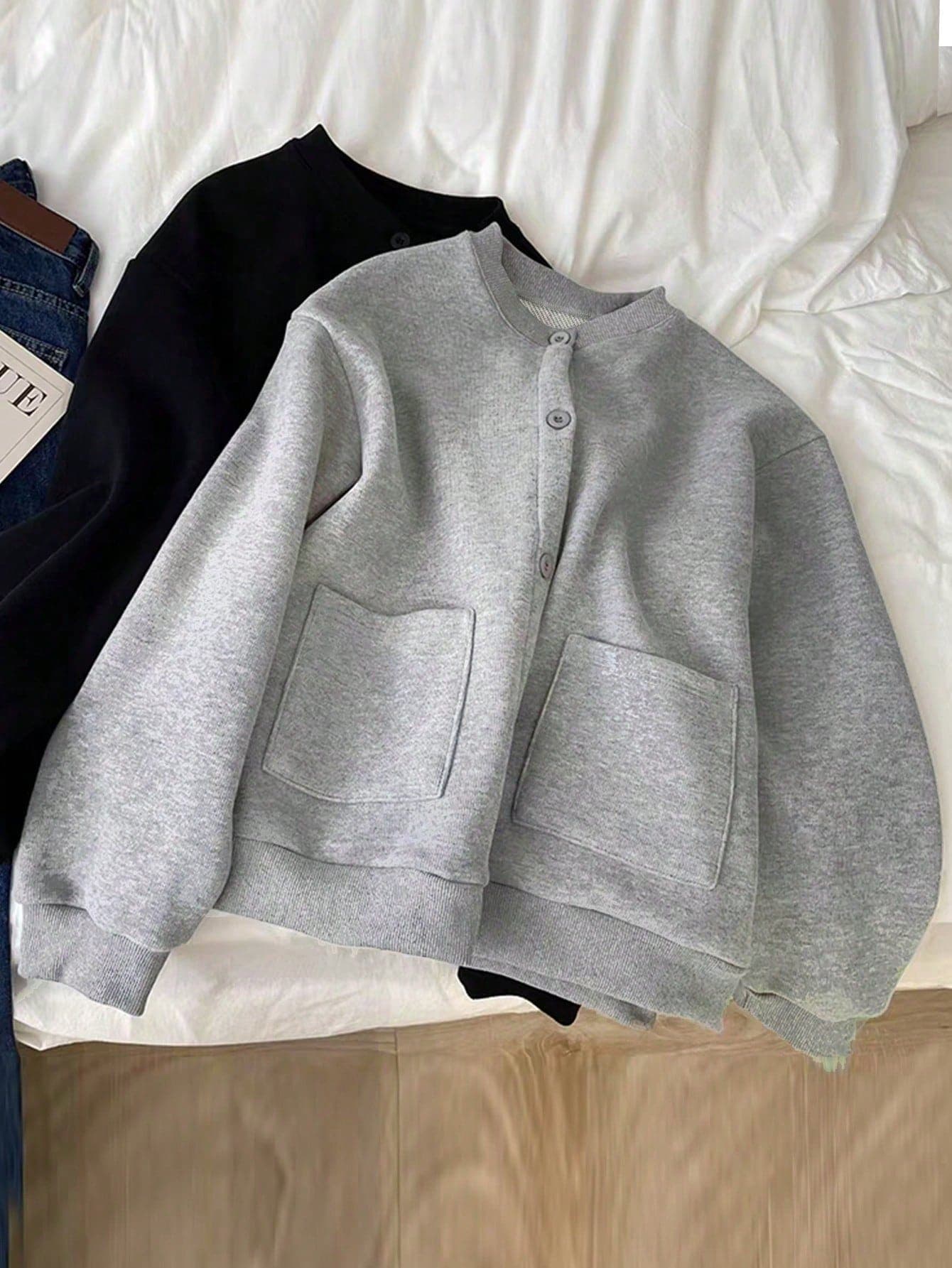 Resyla Plus Size Women Solid Color Long Sleeve Single-Breasted Casual Pocket Jacket, Autumn Fall