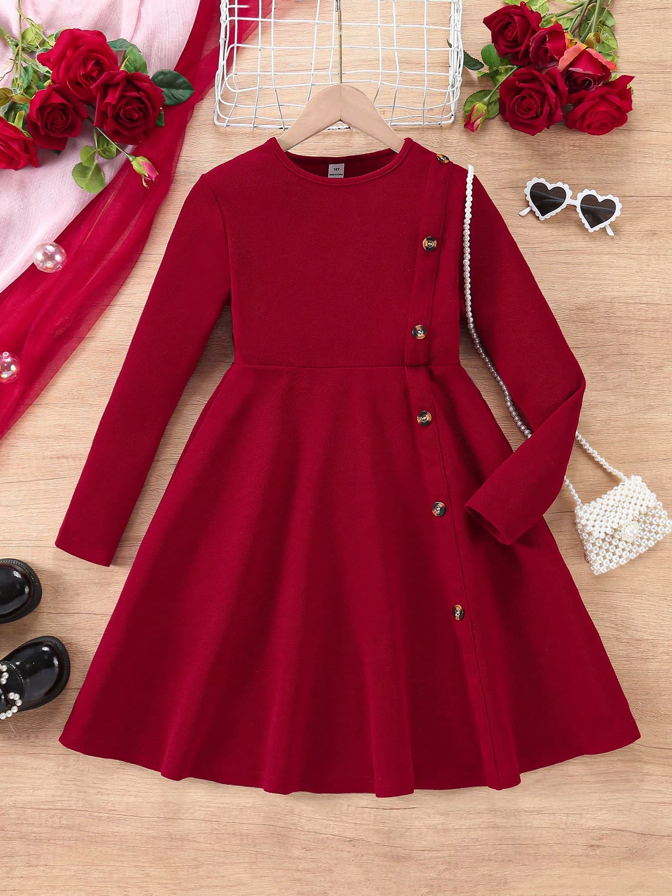 SHEIN Tween Girl Elegant Casual Round Neck Pullover Split Design Mid-Length Dress, Suitable For School, Daily Casual Wear, Autumn/Winter