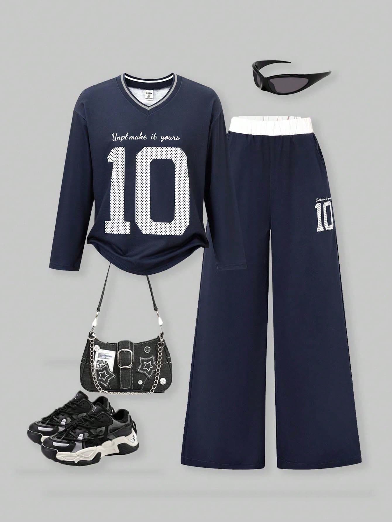 SHEIN Explorewe 2pcs/Set Girls' Navy Blue Autumn Numeric V-Neck Long Sleeve T-Shirt Top&Woven Cargo Pants,School,Back-To-School,Cow Boy Style Everyday Casual Wear