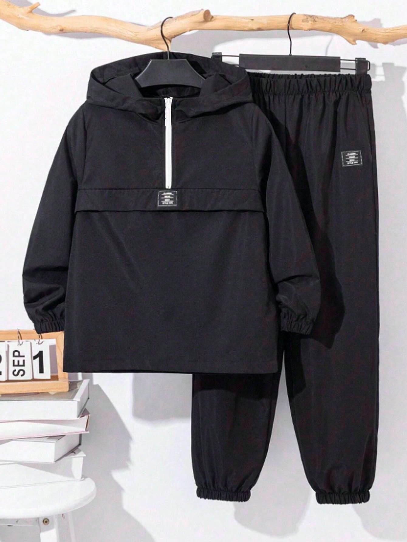 SHEIN Teen Boys Tracksuit Set, Summer Streetwear Graduation Back-To-School Half Zip Hoodie Jacket And Drawstring Pants Casual Solid Color Sport Teen Boy Clothes