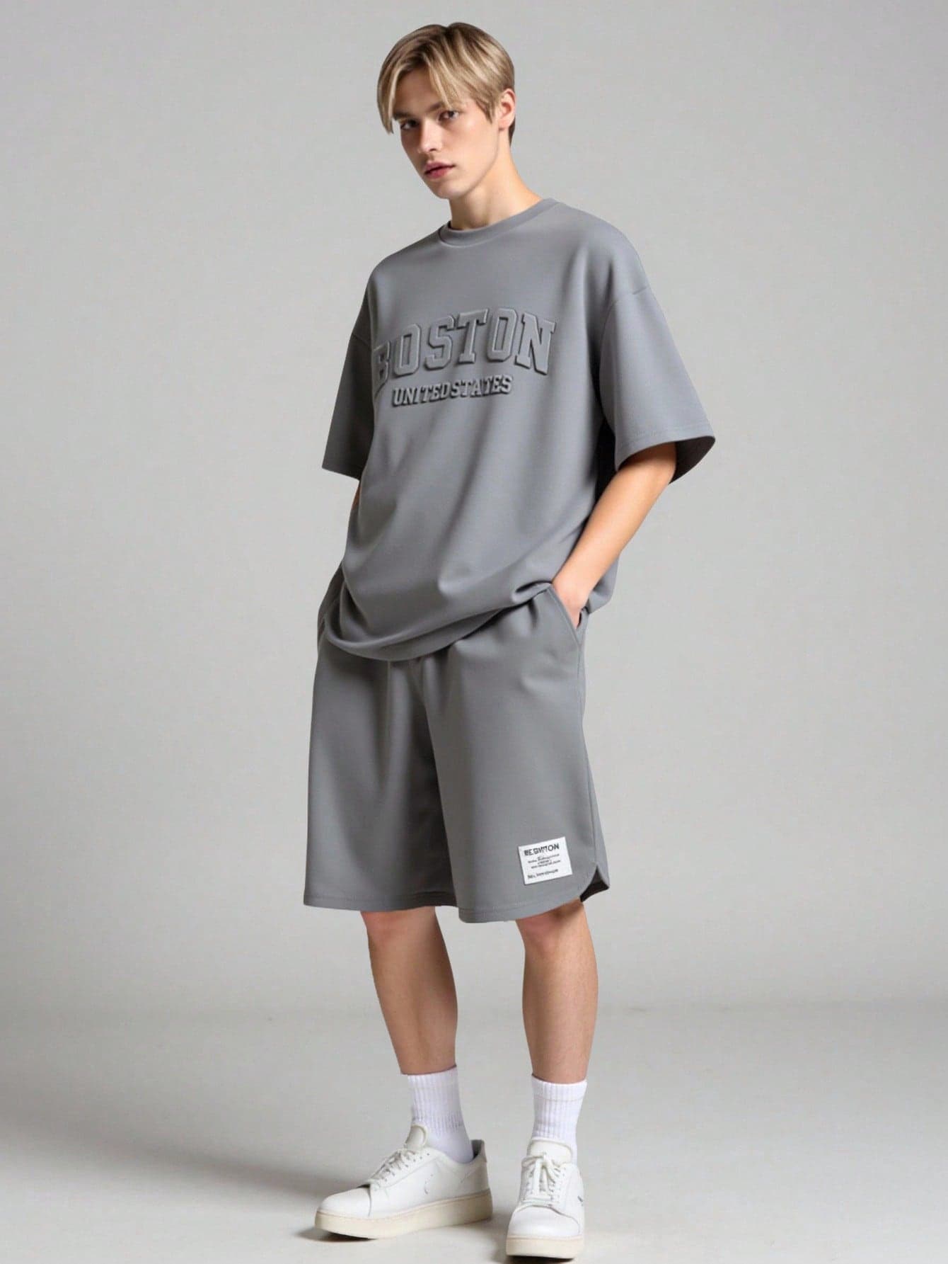 Vacaura 2pcs Teenage Boy Summer Outfit,Streetwear Baby Blue Graphic Pullover T-Shirt And Shorts Set,Back-To-School Casual Fashionable Curved Design