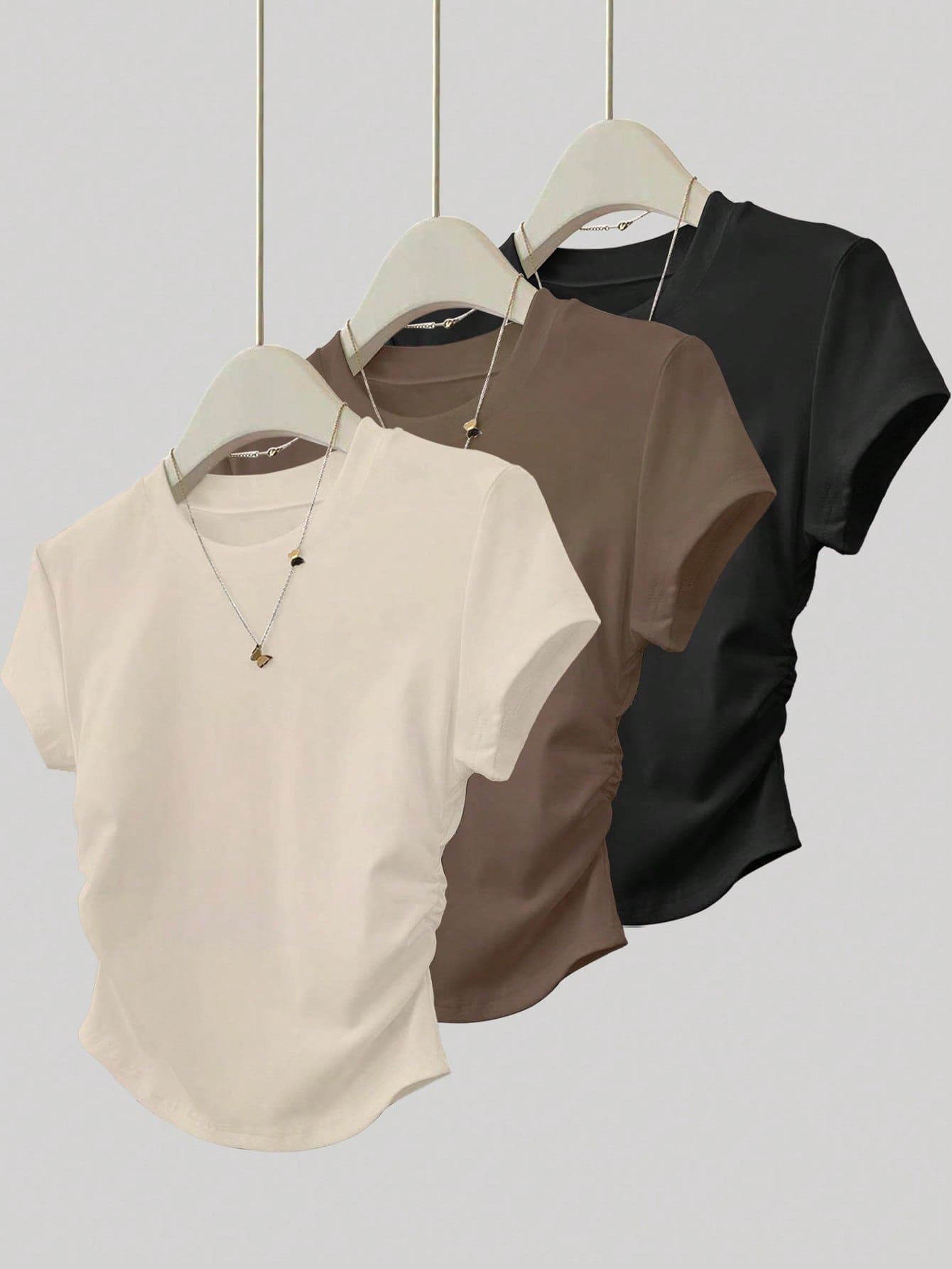 INAWLY 3pcs Women Fitted Ruched T-Shirt Set,All Shades Of Brown,Summer,Casual,Everyday,Short Sleeve Outdoor Tops,Champagne,Mocha Brown,Black,Back To School