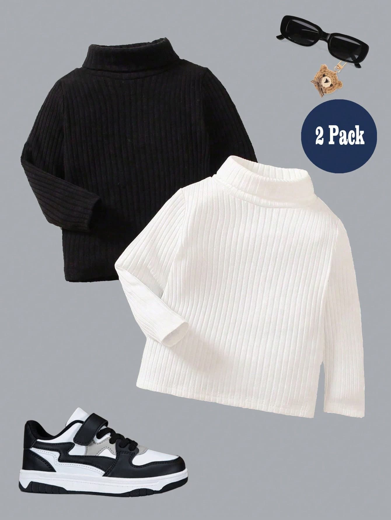 SHEIN Genkimix Kids 2pcs/Set Toddler Boys' Solid Color Turtleneck Ribbed Fabric Long Sleeve T-Shirt, Children Casual Versatile Warm Sporty Cute Autumn/Winter