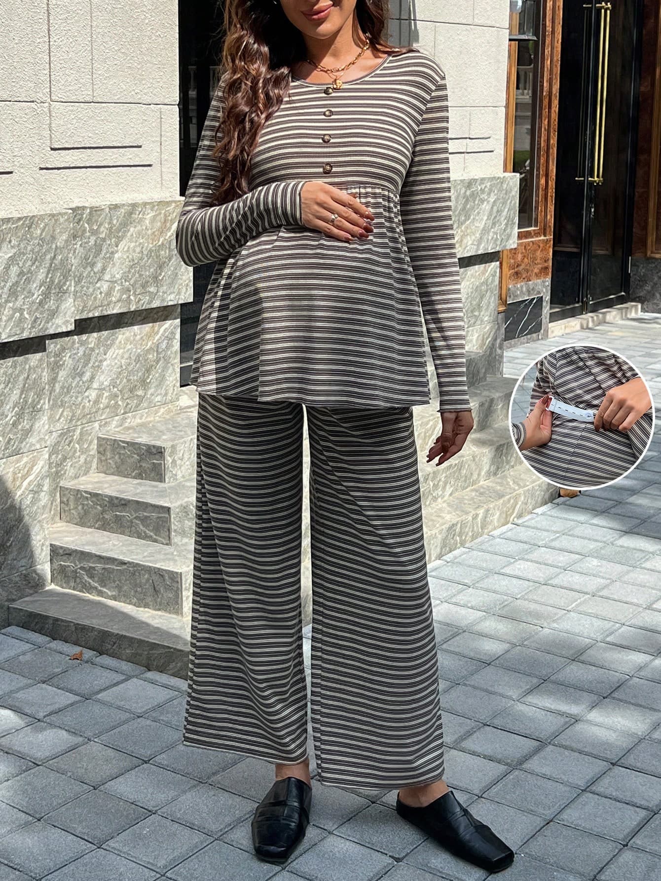 SHEIN Maternity Button Decor Ribbed Top + Wide Leg Pants Casual Two Pieces Set, Spring/Autumn