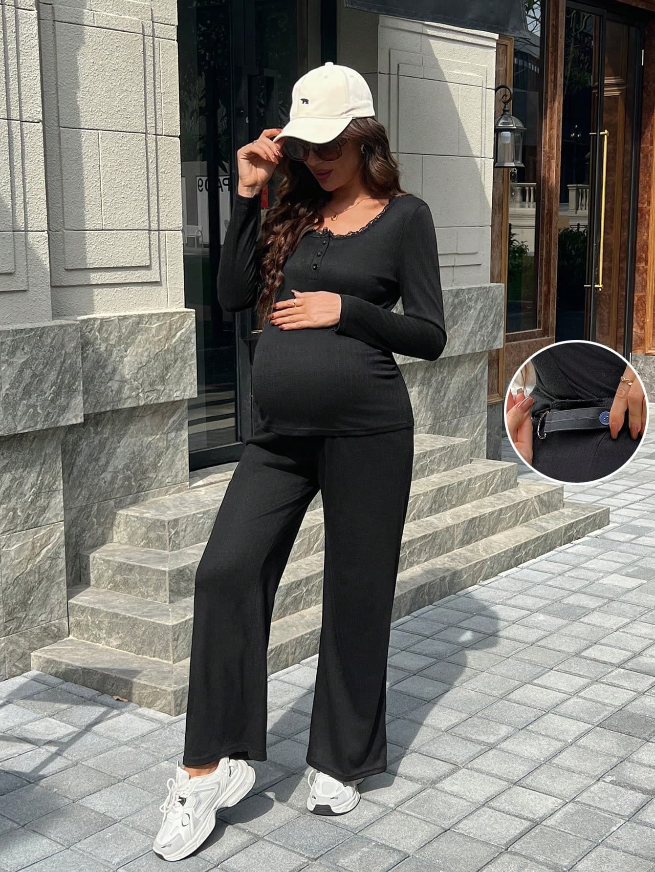 SHEIN 2pcs Maternity Solid Color Round Neck Lace Patchwork Long Sleeve Top And Pants Casual Knit Set