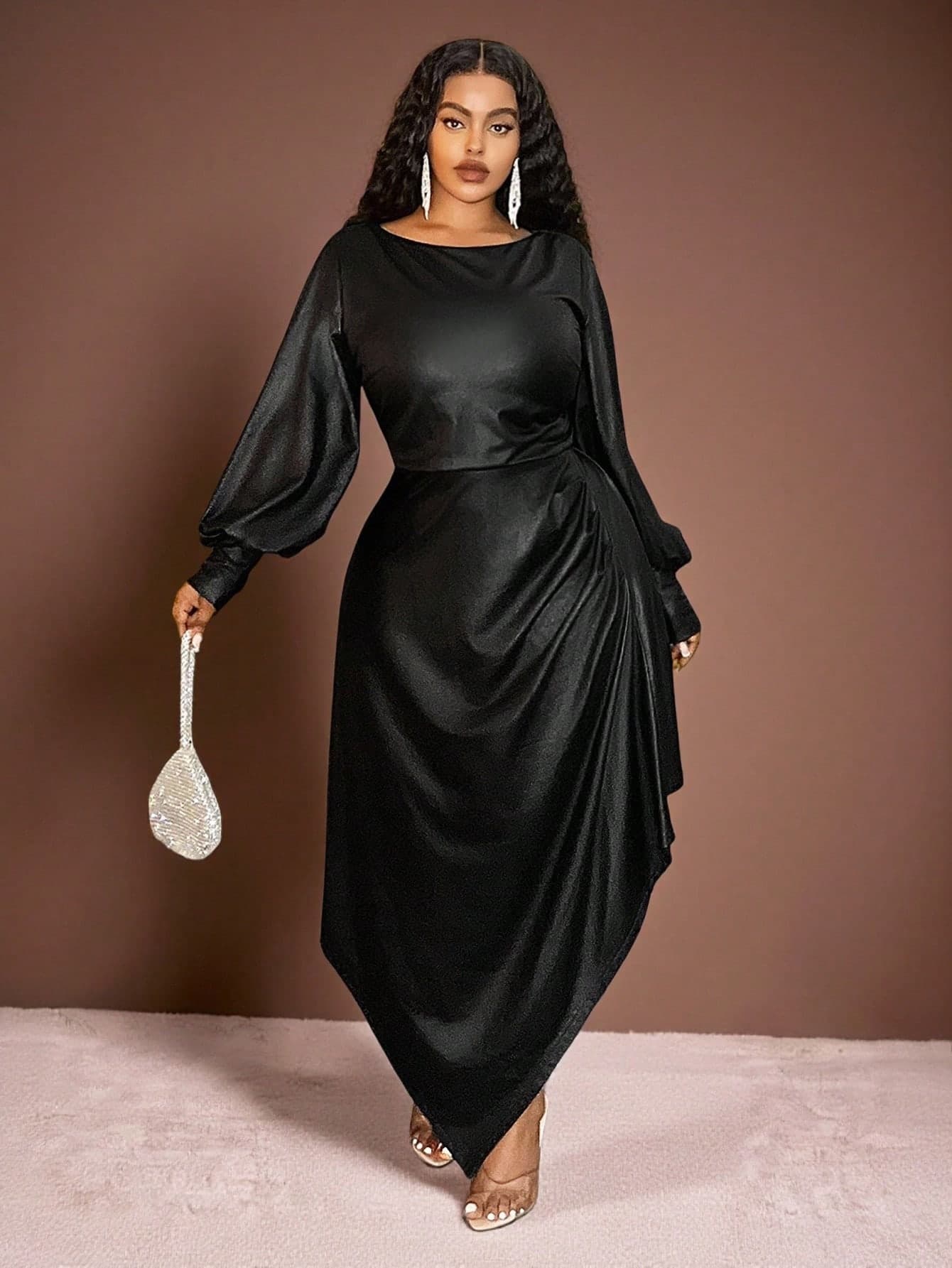Veslaya Black Autumn Elegant Formal Evening Plus Size Women's Dress,Asymmetric Ruffle Hem Midi Dress With Off-Shoulder Lantern Sleeves,Y2K Punk Party Dress