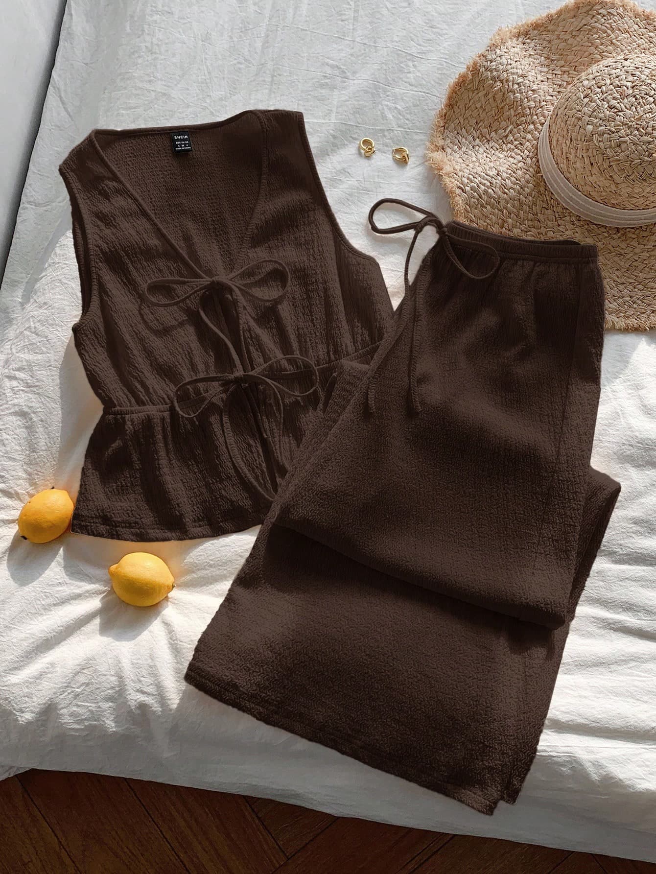 Comfortcana Brown Knit V-Neck Tie Front Sleeveless Shirt And Pants Casual Suit For Women Bathing Summer 2 Pieces Sets Two Piece Set