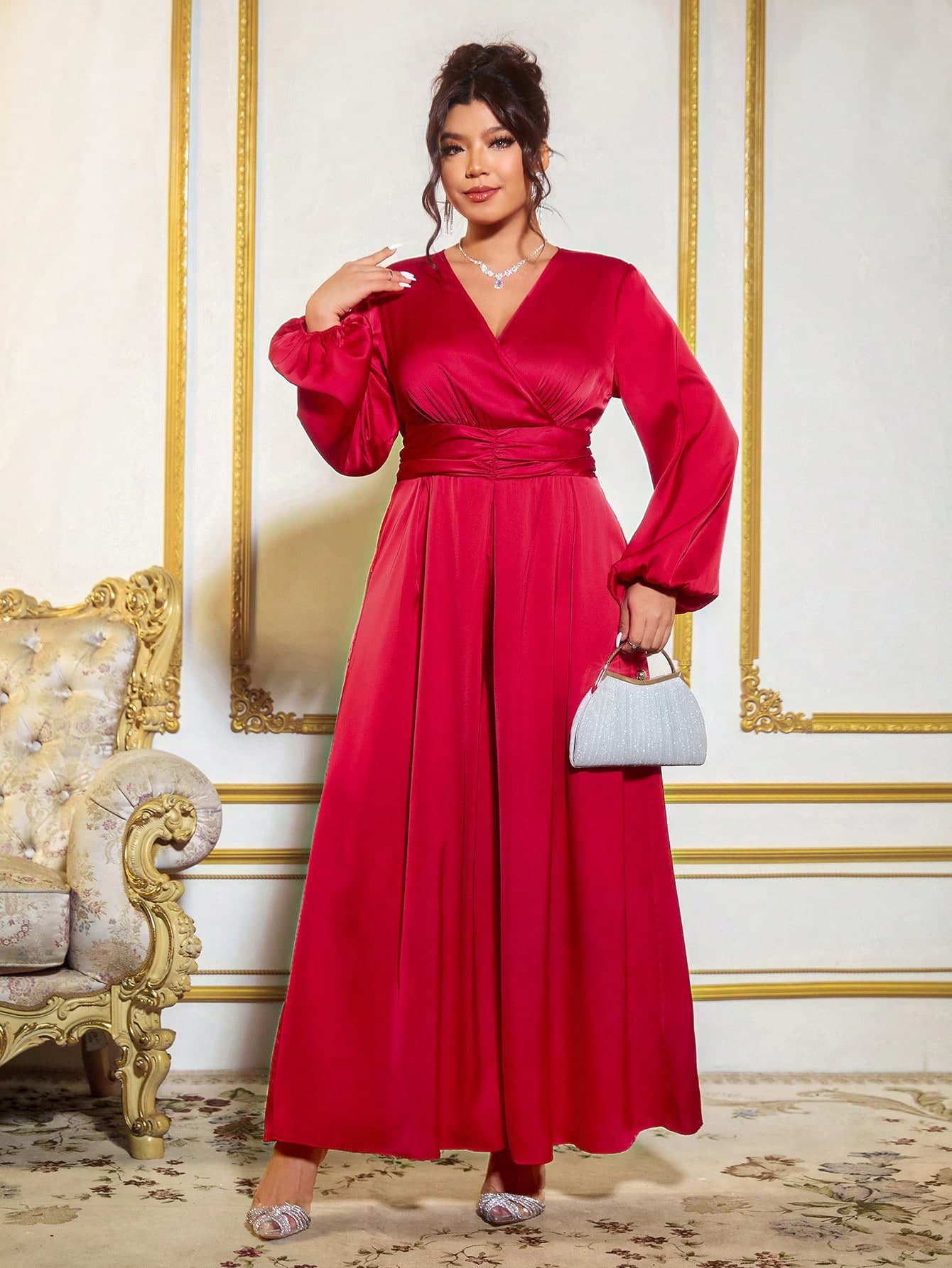 Elenzga Elegant Red Plus Size Jumpsuit With Long Bishop Sleeves And Overlap Collar Long Length Woven Fabric Unitard