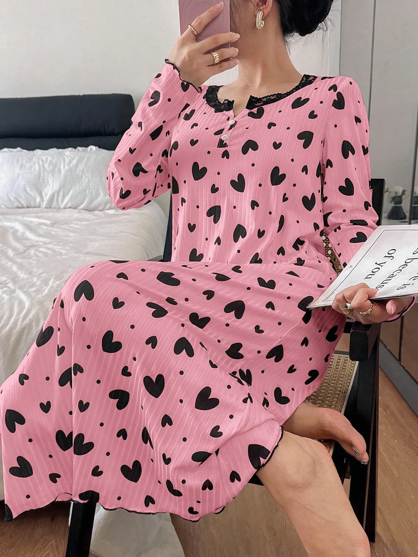Dream Adore Heart Lace Trim Mid-Length Long Sleeve Women Nightgown