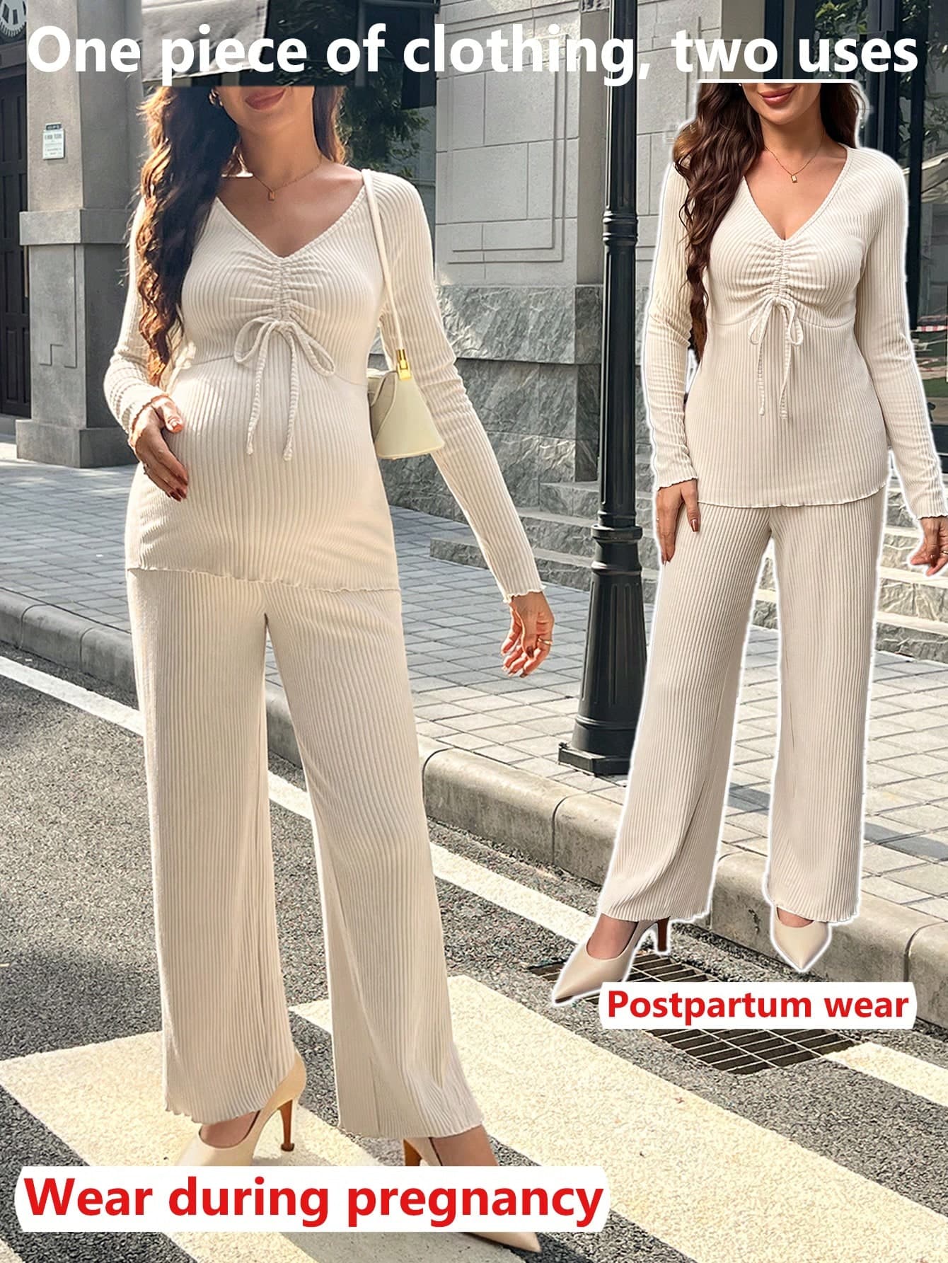 SHEIN 2pcs Maternity Casual Solid Color V-Neck Ruched Knit Top And Straight Leg Pants Set, Suitable For Spring And Autumn Daily Commute