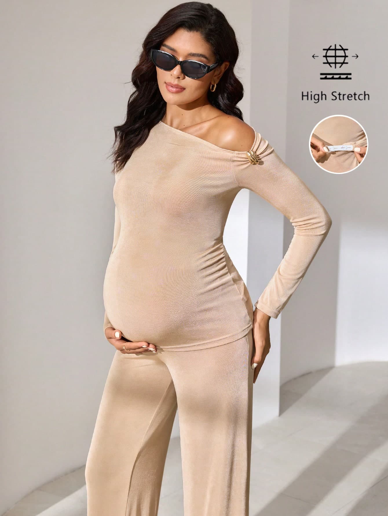 MaterniWear Autumn Elegant Peach 2pcs Maternity Set,Solid Asymmetrical Neck Jumpsuits Rompers For Pregnant Woman Photoshoot,Winter Pregnancy Party Clothes