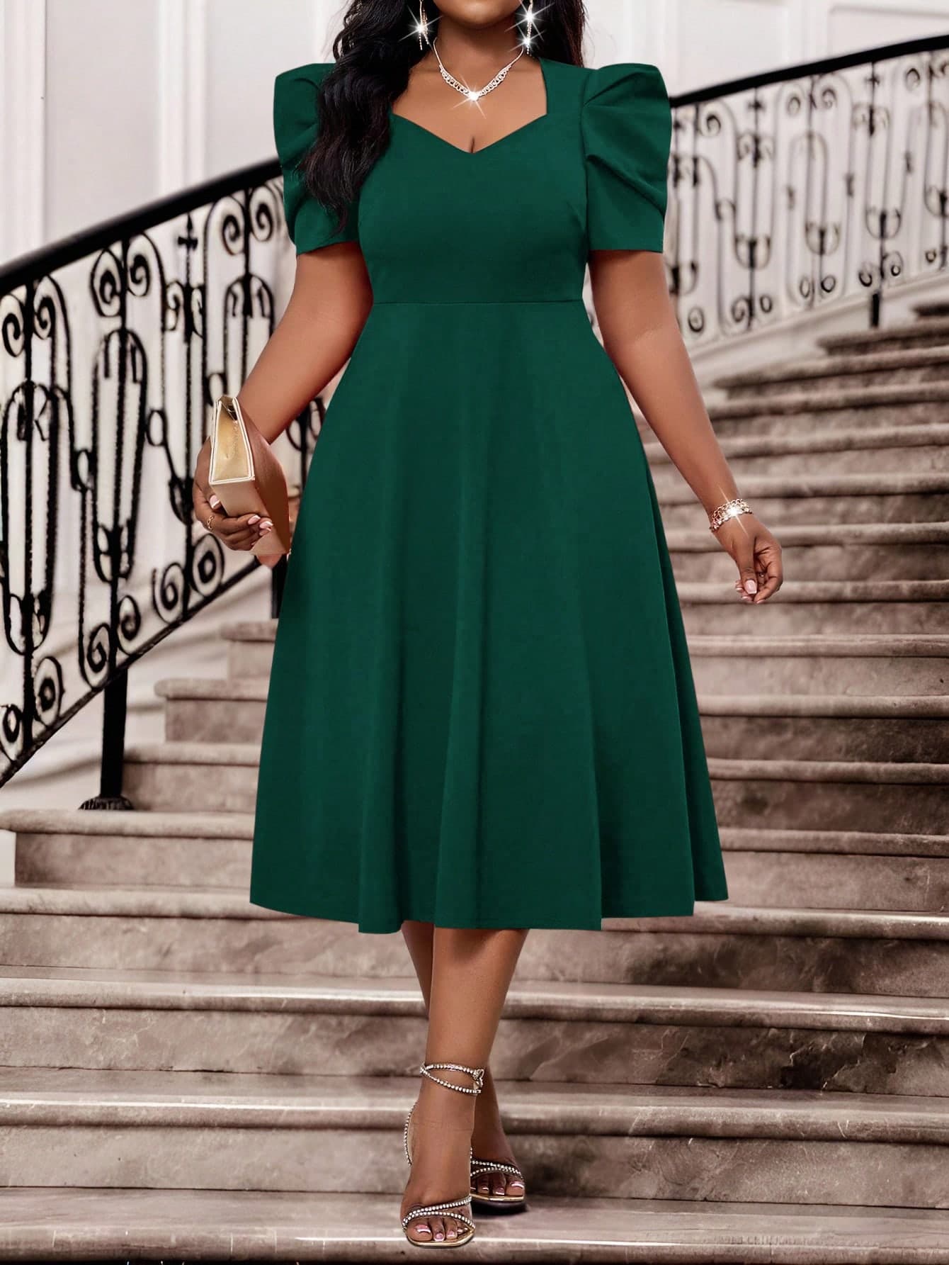 SHEIN Lady Elegant Dark Green Summer Formal Plus Size Knitted Sweetheart Leg-Of-Mutton Sleeve Midi Wedding Guest Birthday Party Cocktail Office Dress For Women