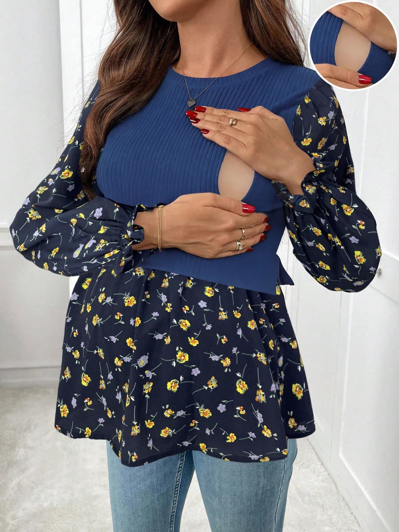 SHEIN Maternity Navy Blue Ditsy Floral Patchwork Nursing Top,Elegant Autumn Round Neck Long Sleeve Casual Blouses For Women,Everyday Blue Floral Dress Style