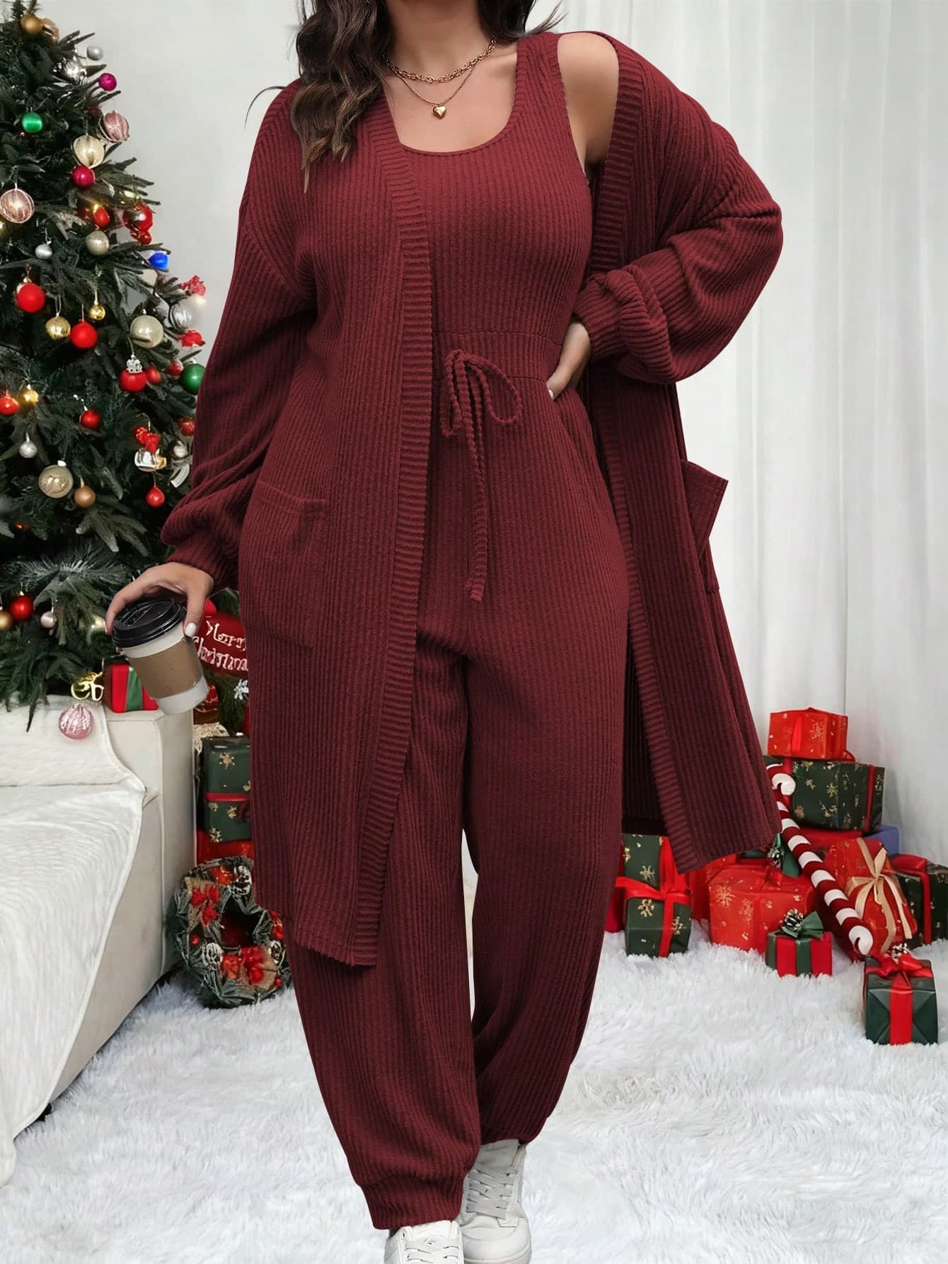 Vionelle Women Plus Size Solid Color Sleeveless Jumpsuit Long Sleeve Cardigan Set Burgundy Summer Casual Smart Casual Modest Pants Outfit Lounge Fall