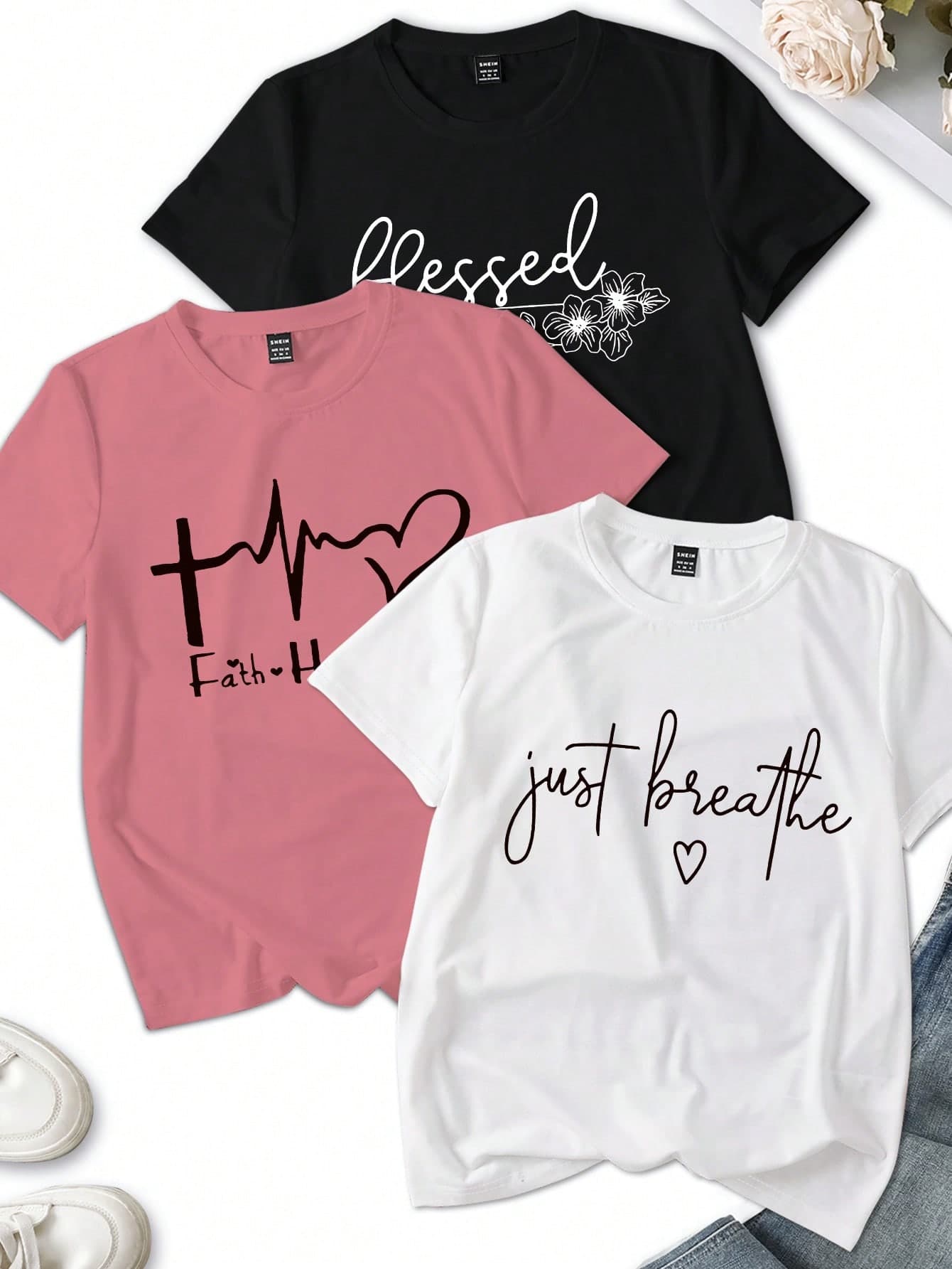 INAWLY 3pcs Pink/Purple/Brown Short Sleeve T-Shirt, Fashion Minima List Letter Print Design, Casual Women Crew Neck Top, Summer