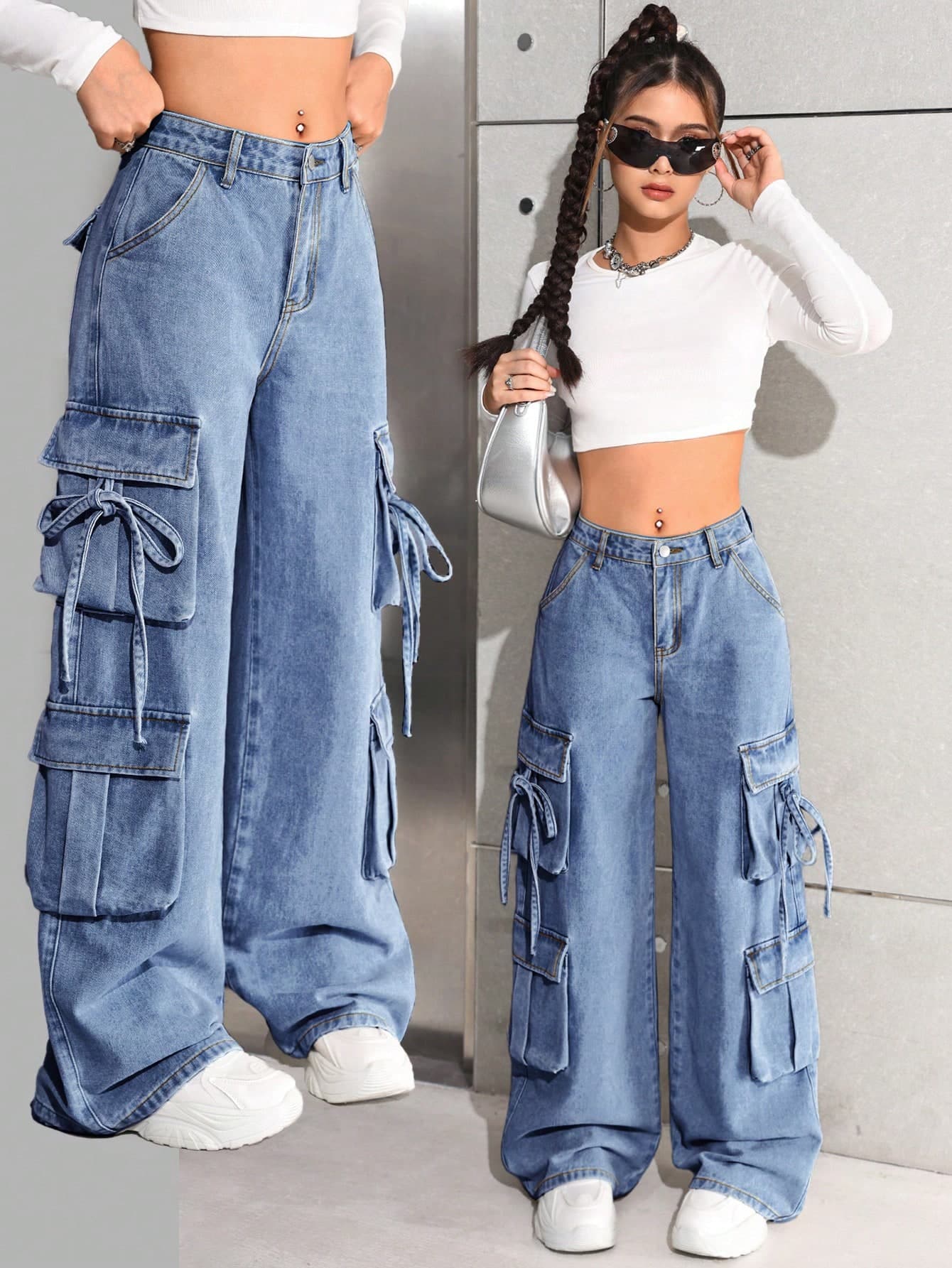 SHEIN Teen Girl Cargo Pockets Wide Leg Loose Casual Jeans, Baggy Cargo Jeans, Cargo Jeans Teen Girls, Y2k Baggy Jeans, Cargo Jeans Y2k, Wide Leg Cargo Jeans, Y2k Cargo Jeans, Washed Denim Cargo Pants, Low Rise Cargo Jeans Fall Winter