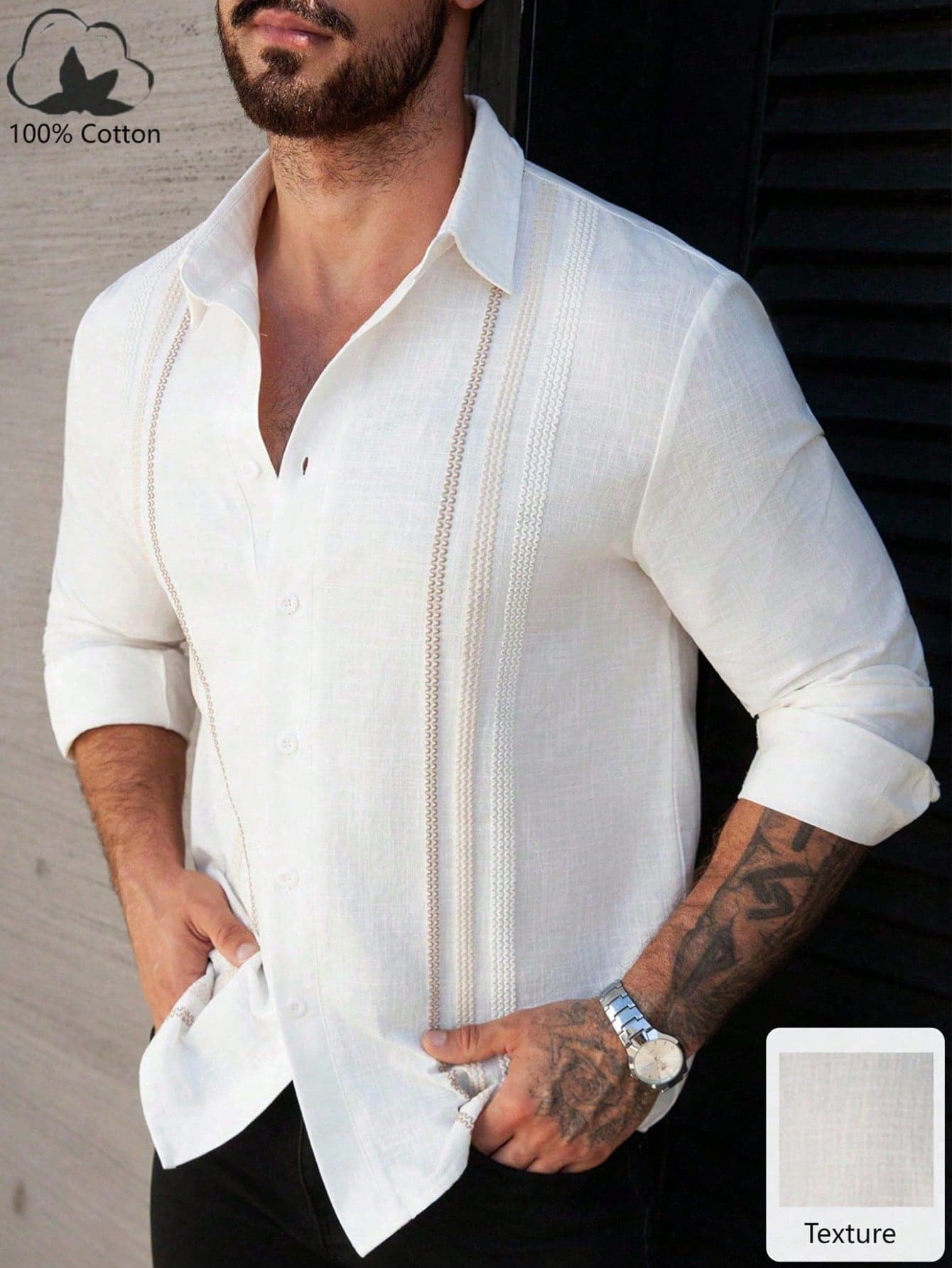 Manfinity Homme Men's Long Sleeve Single-Breasted Casual Dress Shirt Guayabera Shirt Men White Laced Men's Shirt Beach Clothes For Men White Cream