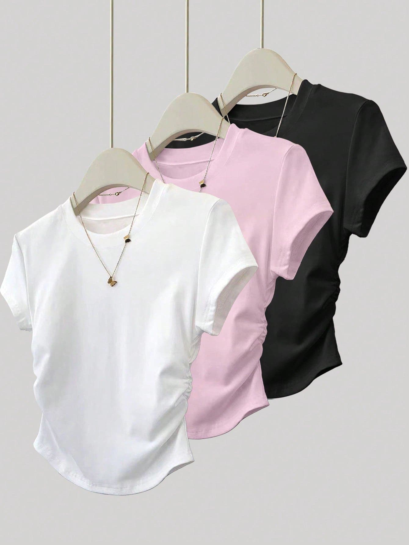 INAWLY 3pcs Women's Summer Short Sleeve Tees,White,Pink,Black,Fitted Ruched T-Shirts,Casual Everyday Outdoor Tops,Fashionable Chic Back To School Must-Have
