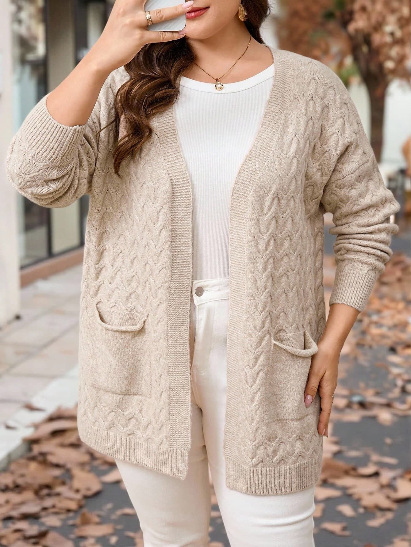 SHEIN Clasi Plus Size Elegant Knitted Cardigan With Pockets For Women,Beige,Autumn,Smart Casual,Office,Khaki Fitted Outdoor Autumn/Winter Fall Knitted Cardigan