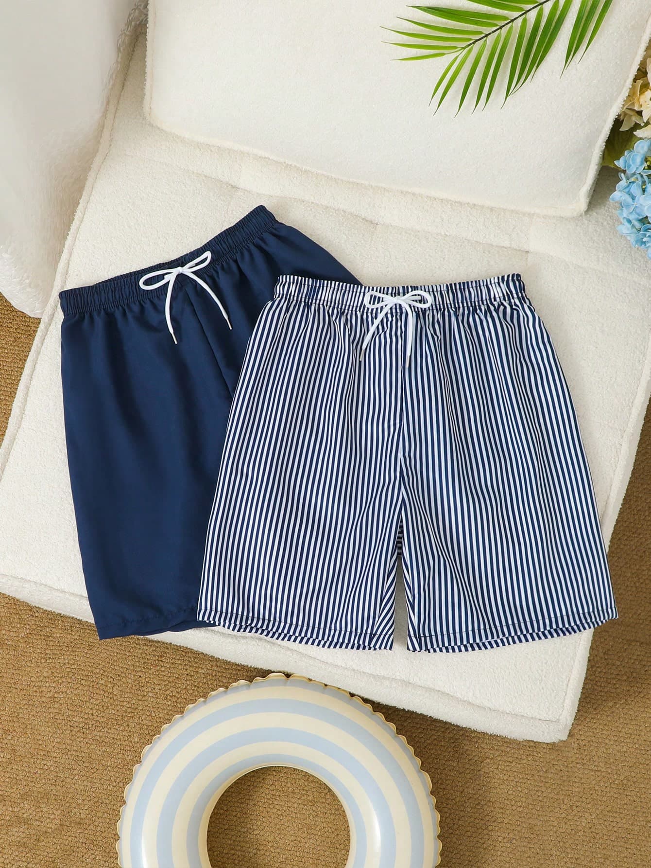 SHEIN Teen Boys 2pcs Swimwear,Solid Navy & Blue-And-White Striped Beach Shorts With Drawstring.Suitable For Summer Holiday Father Son Matching Swim Trunks