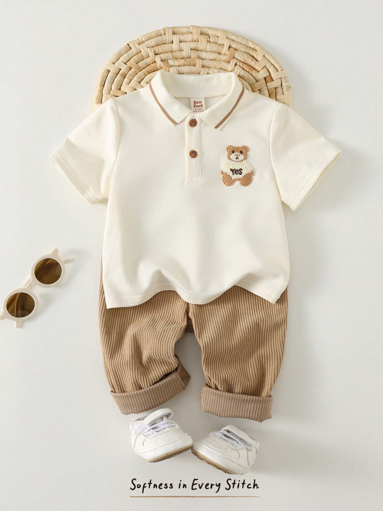 Cozy Pixies 2pcs Baby Boy Cute Cartoon Bear Pattern Lapel Cotton Clothes,White Summer Family Matching Half-Zip Pullover & Elastic Waist Pants Set Neutral Outfit
