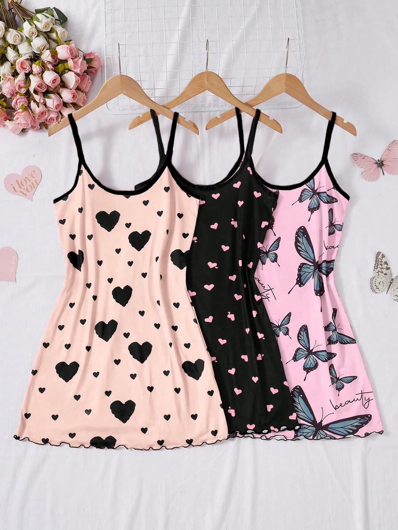 SHEIN 3pcs Women Heart & Bow Print Knit Camisole Nightgown Set
