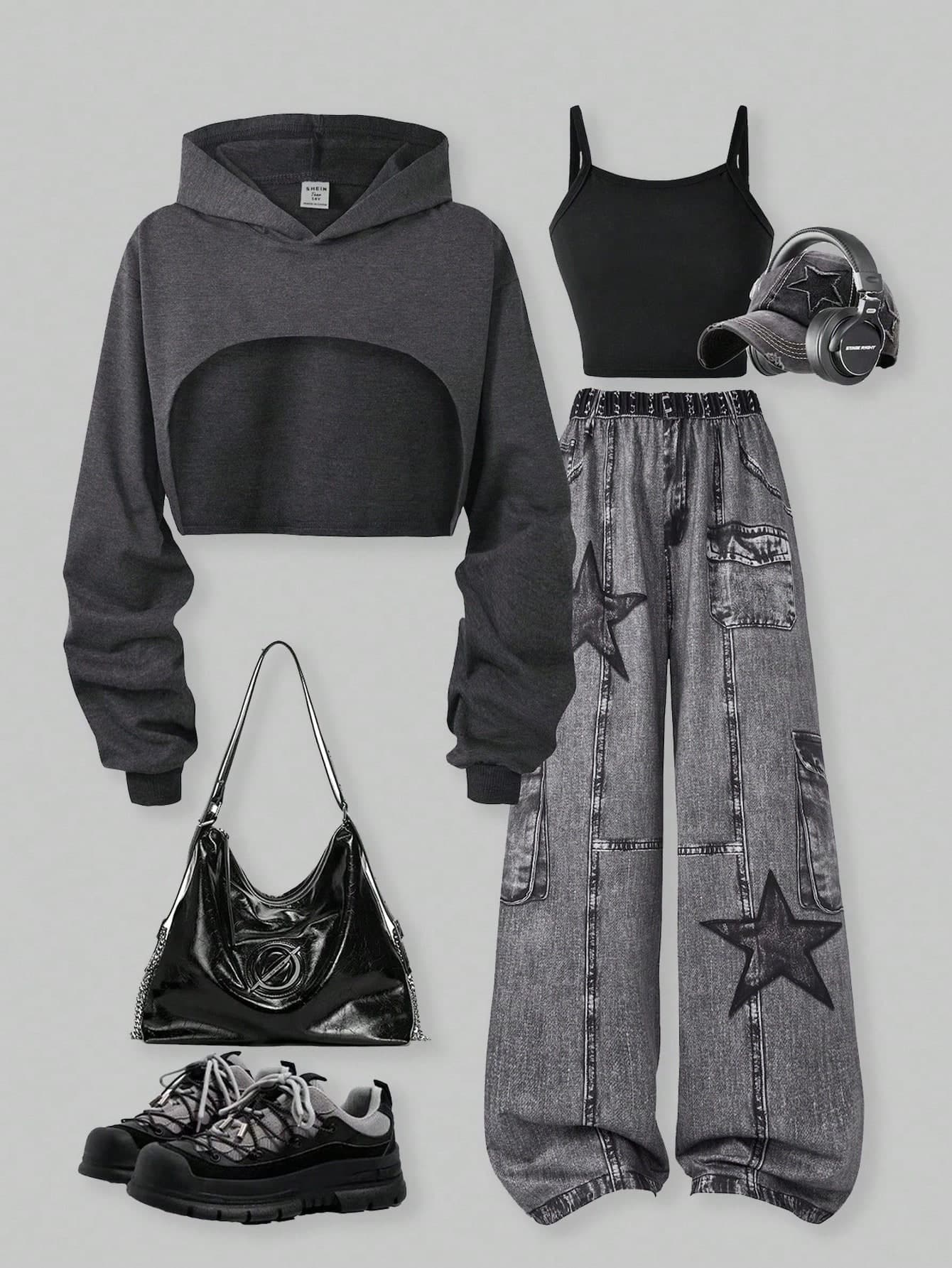 SHEIN ChillGRL Teen Girls 3-Piece Outfit: Cropped Hoodie, Printed Knit Wide-Leg Pants, And Camisole, Fashionable Street Style For Spring And Autumn