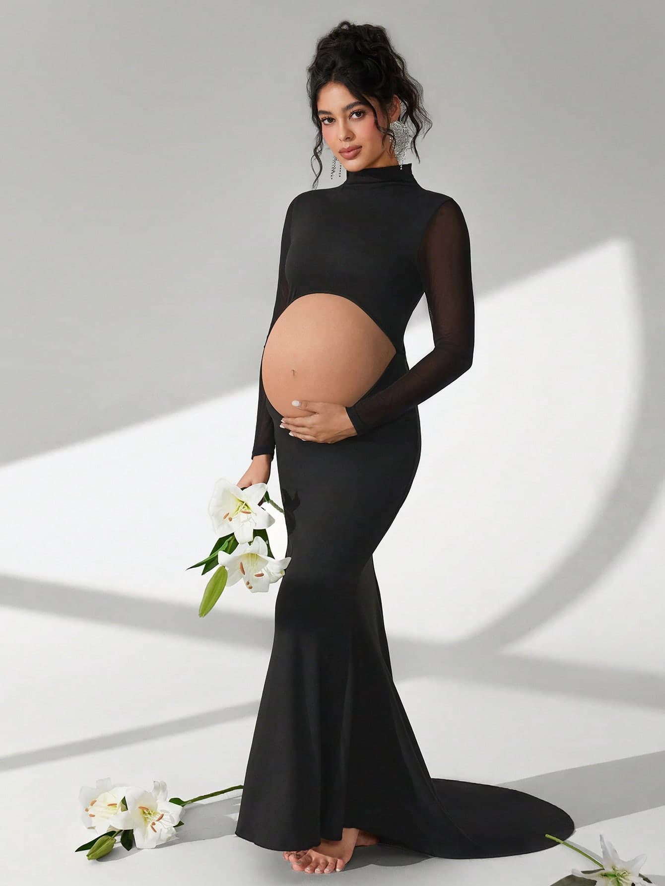 Cheriluna Maternity Maternity Photography Dress, Long Sleeve Stand Collar, Waist Cut-Out, Backless, Fish Tail Hem, Floor Length